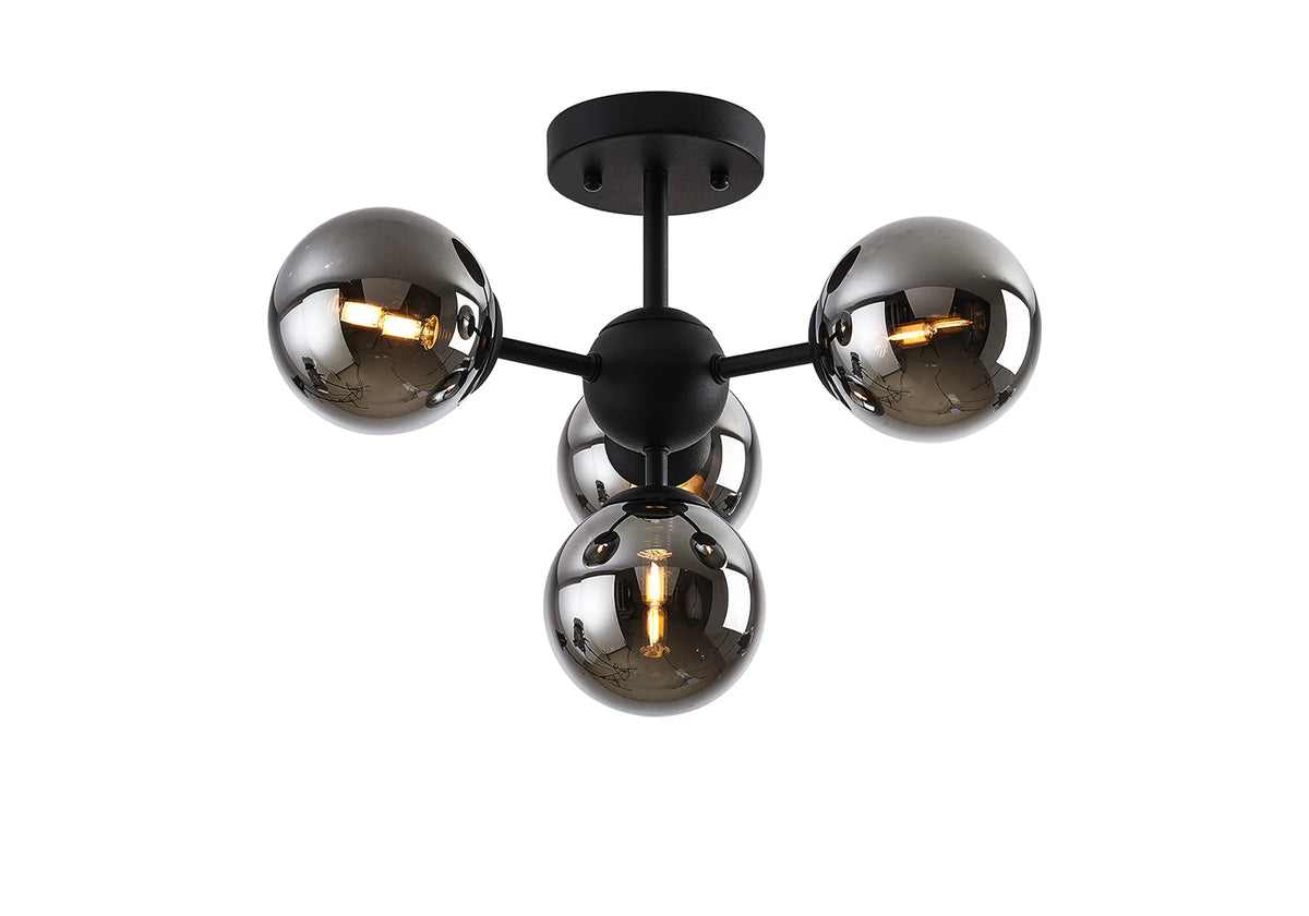 Fabula Deacon Semi-Flush Multi 4 Arm Ceiling Light - Satin Black & Chrome Plated Glass