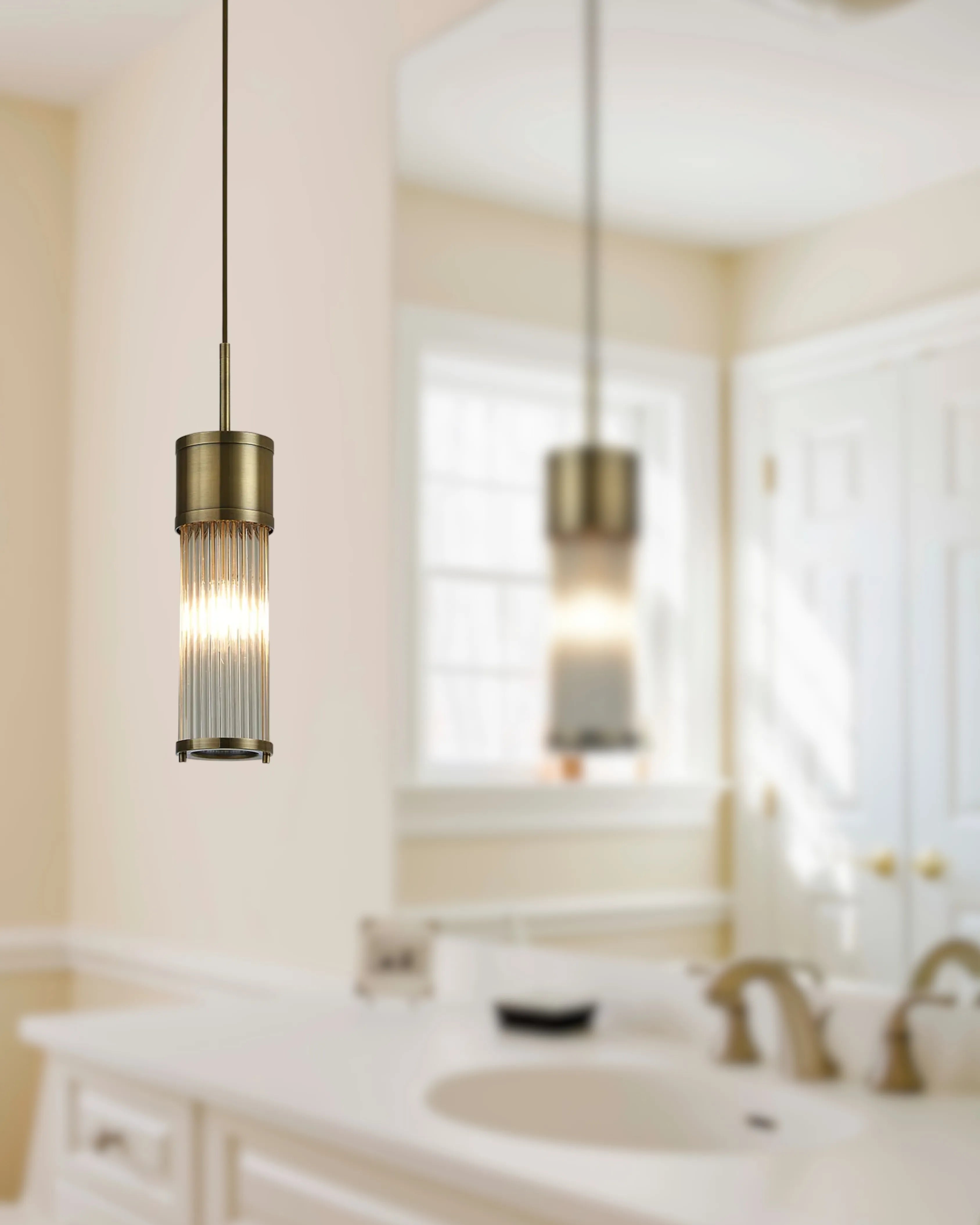 Fabula Wedgewood IP44 Glass Rod Single Pendant - Antique Brass & Clear Glass Rods