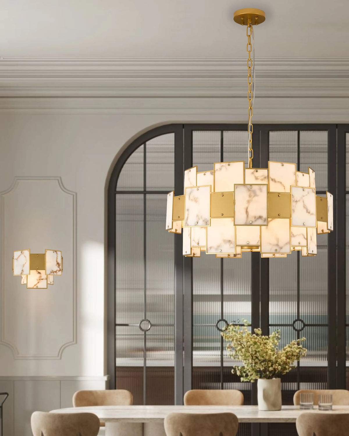 Fabula Wells Switched Wall Light Faux Alabaster & Metal – 35 cm – Gold & Brown