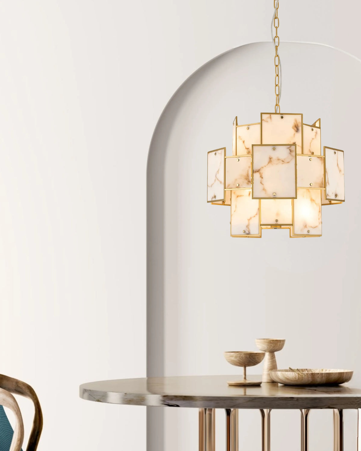 Fabula Wells Round /Semi Flush Faux Alabaster Pendant Light – Gold & Brown