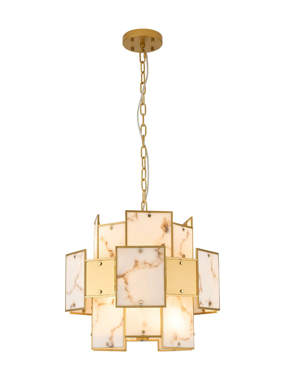 Fabula Wells Round /Semi Flush Faux Alabaster & Metal Pendant Light – Gold & Brown 45 cm