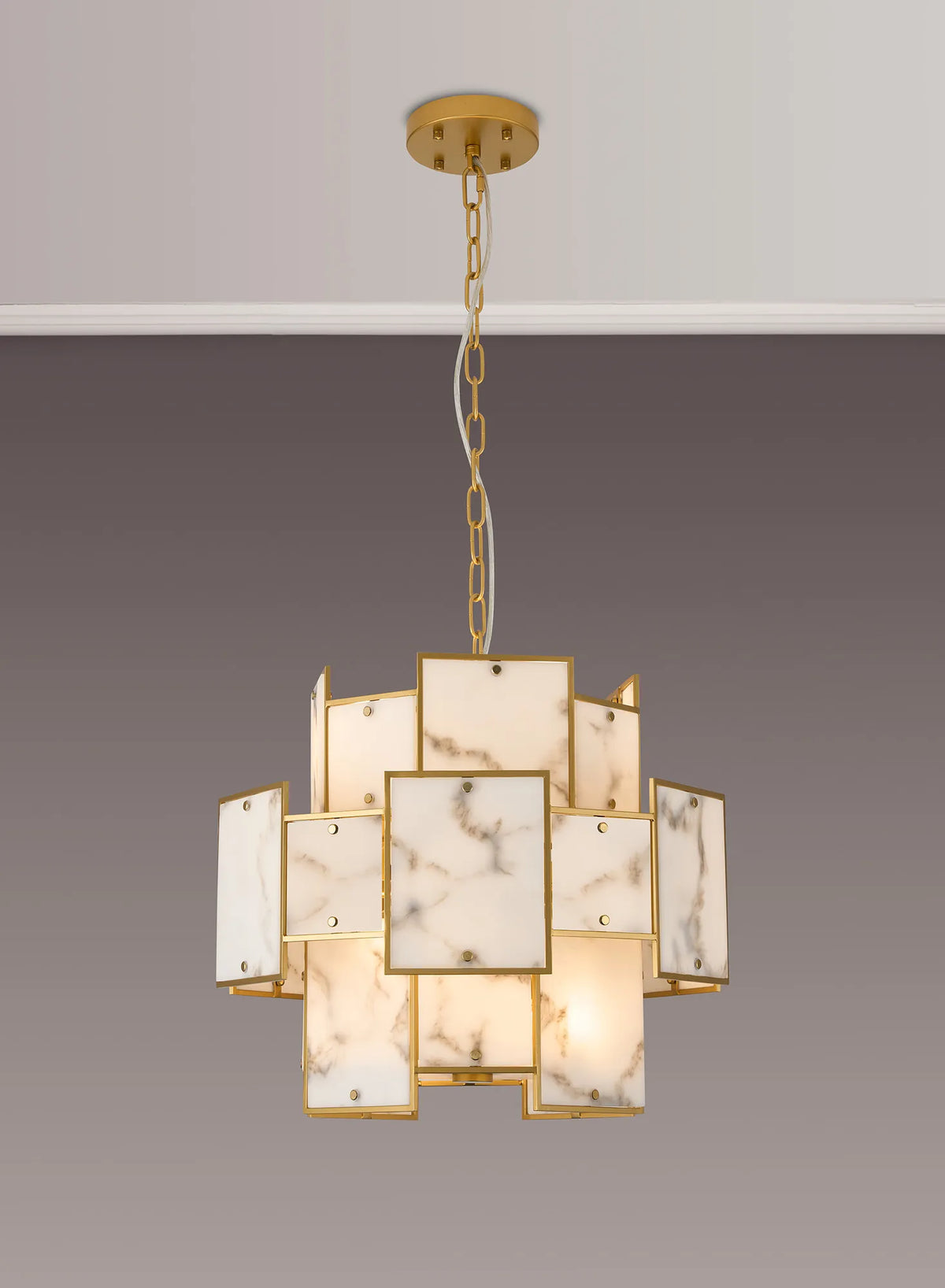 Fabula Wells Round /Semi Flush Faux Alabaster Pendant Light – Gold & Grey