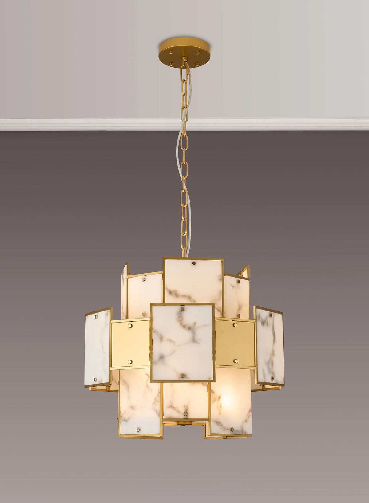 Fabula Wells Round /Semi Flush Faux Alabaster & Metal Pendant Light – Gold & Grey