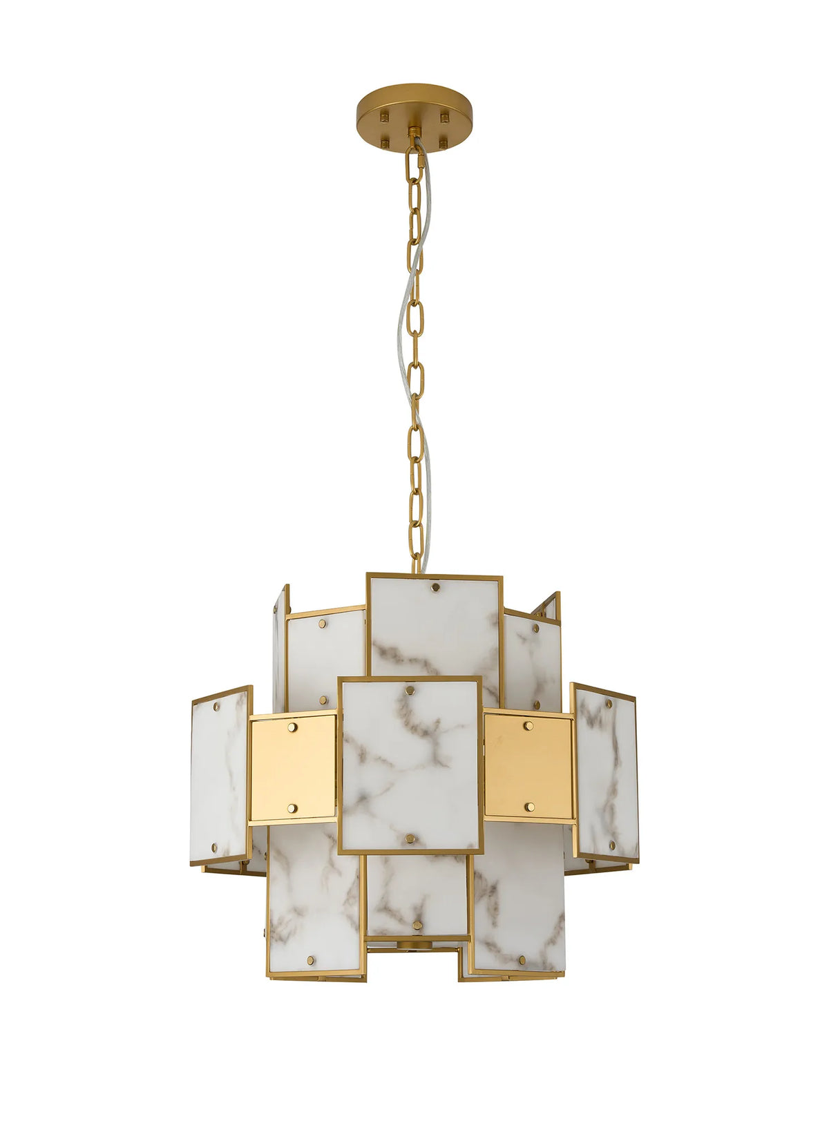 Fabula Wells Round /Semi Flush Faux Alabaster & Metal Pendant Light – Gold & Grey
