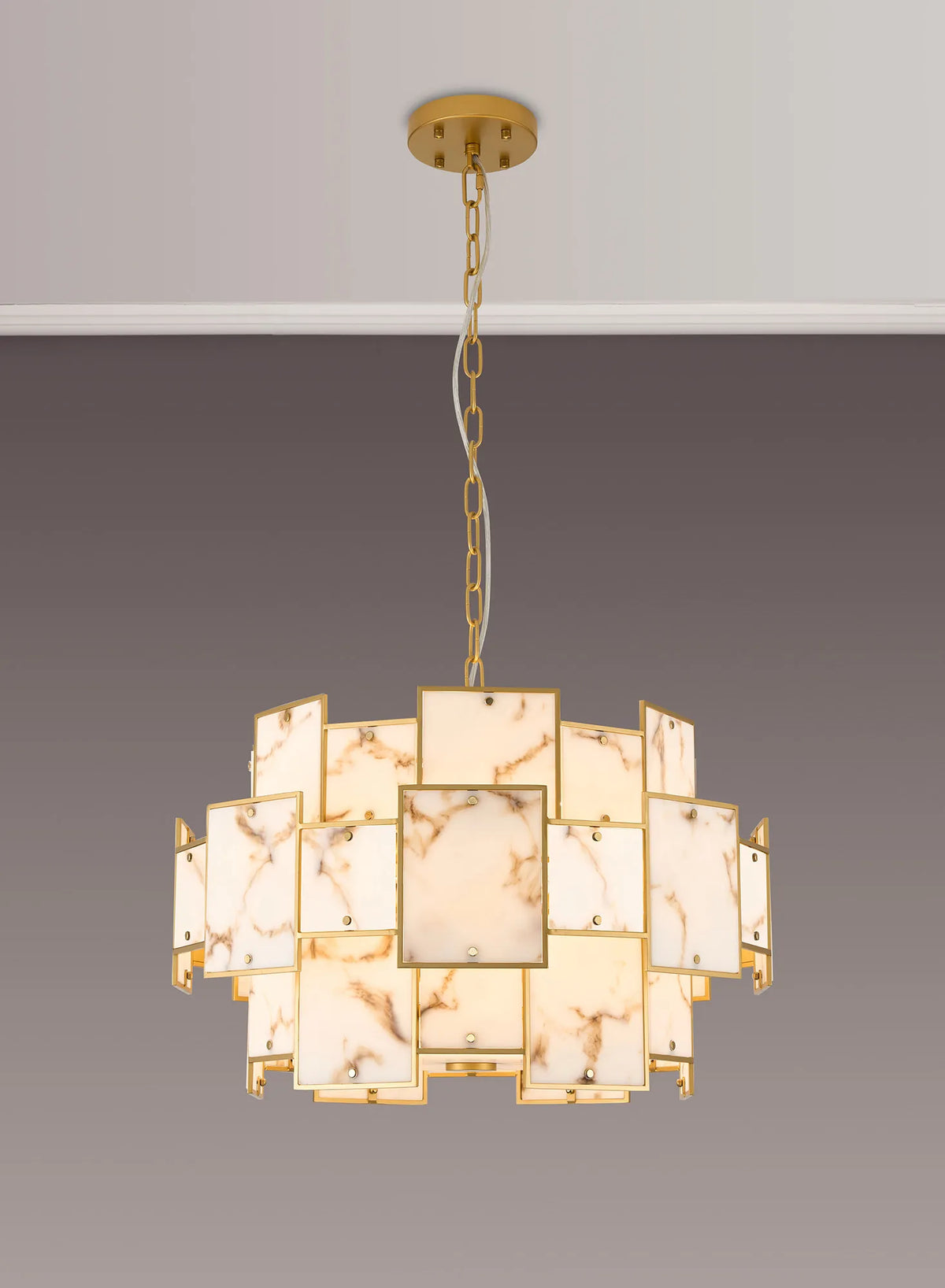 Fabula Wells Round /Semi Flush Faux Alabaster Pendant Light – Gold & Brown