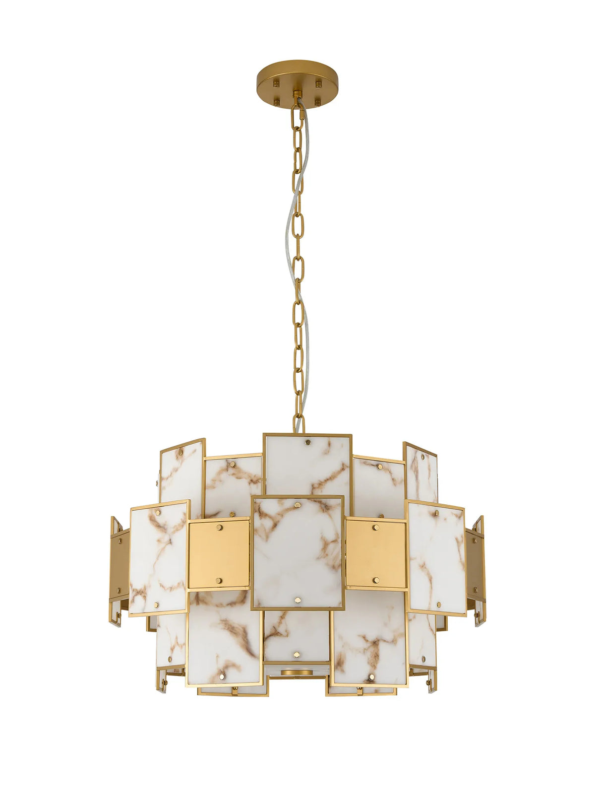 Fabula Wells Round /Semi Flush Faux Alabaster & Metal Pendant Light – Gold & Brown