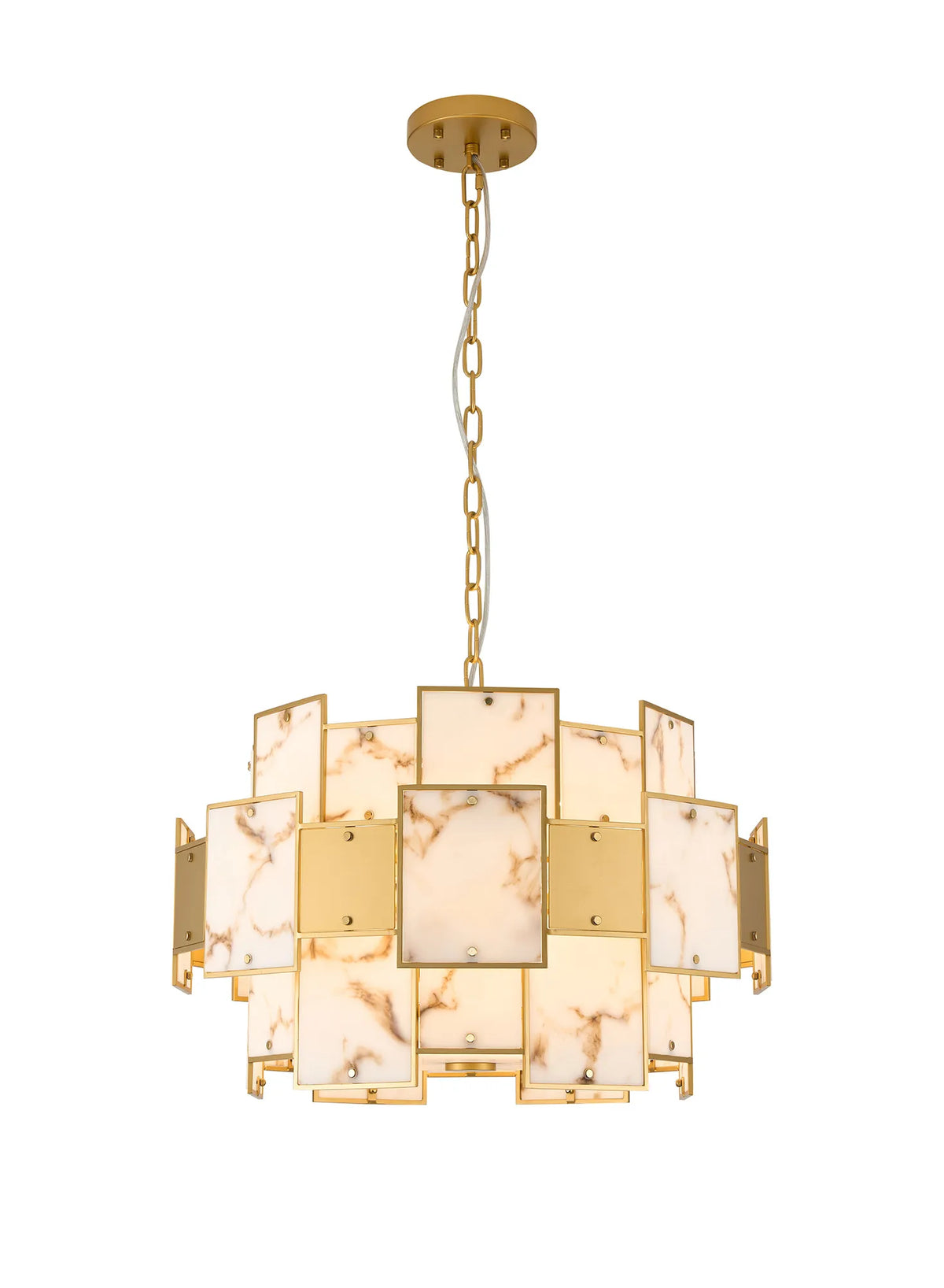 Fabula Wells Round /Semi Flush Faux Alabaster & Metal Pendant Light – Gold & Brown 59 cm