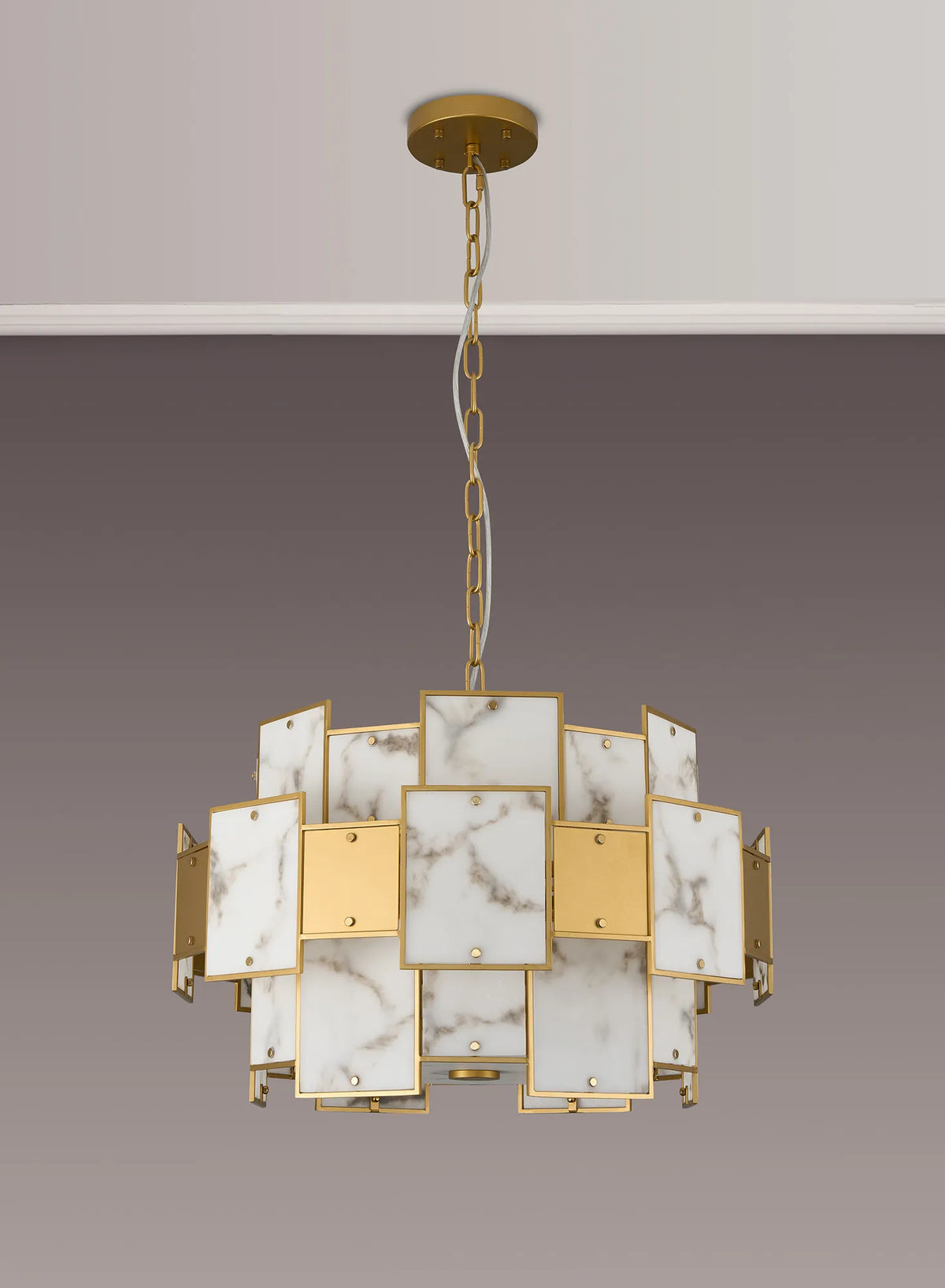 Fabula Wells Round /Semi Flush Faux Alabaster & Metal Pendant Light – Gold & Grey