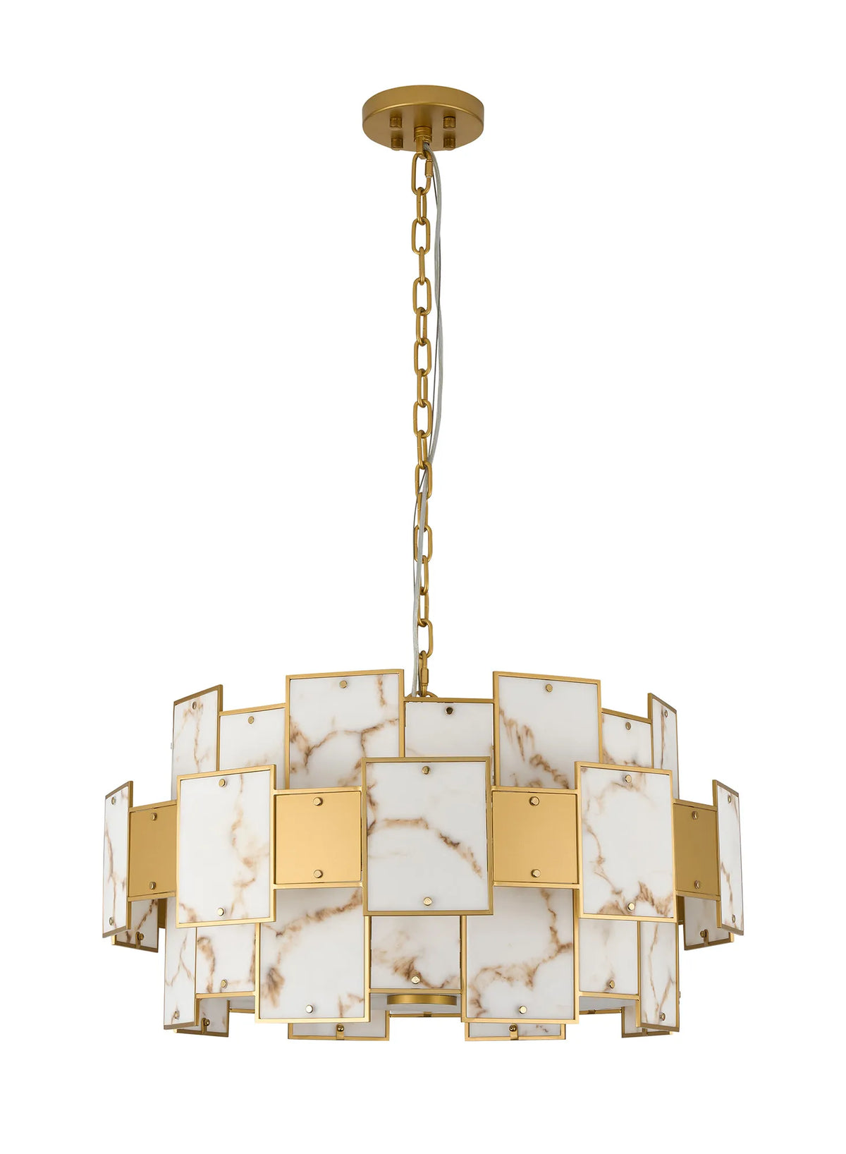 Fabula Wells Round /Semi Flush Faux Alabaster & Metal Pendant Light – Gold & Brown
