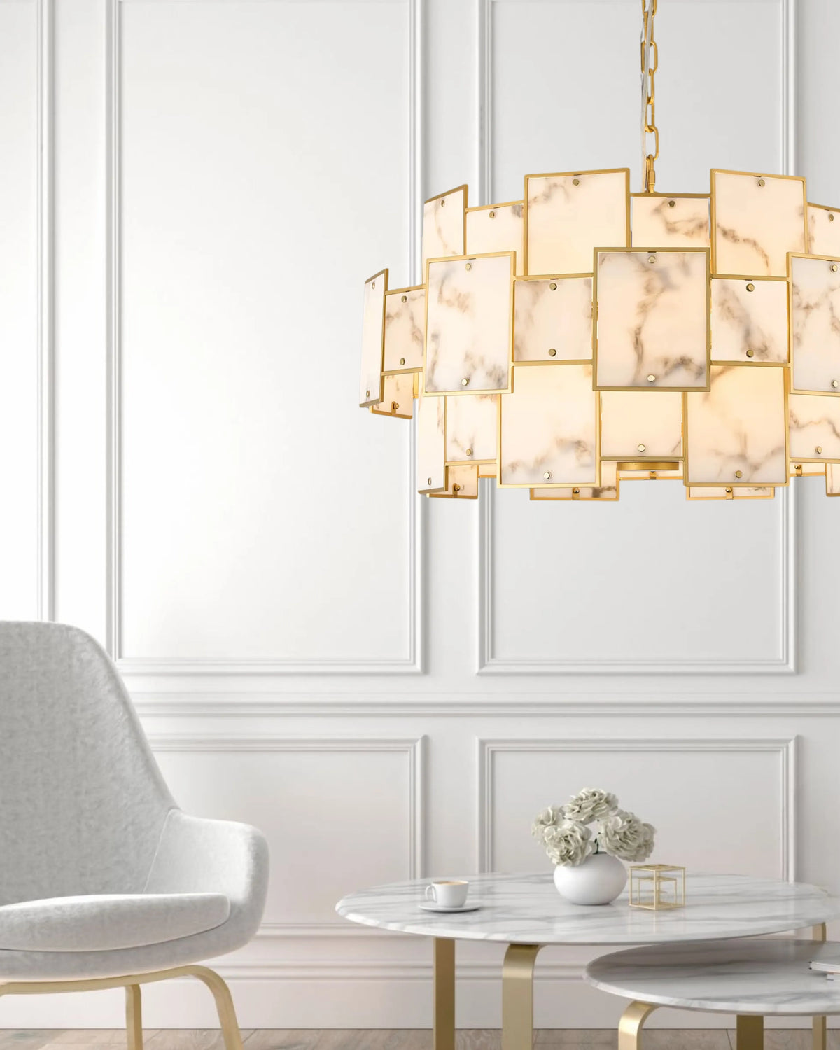 Fabula Wells Round /Semi Flush Faux Alabaster Pendant Light – Gold & Grey