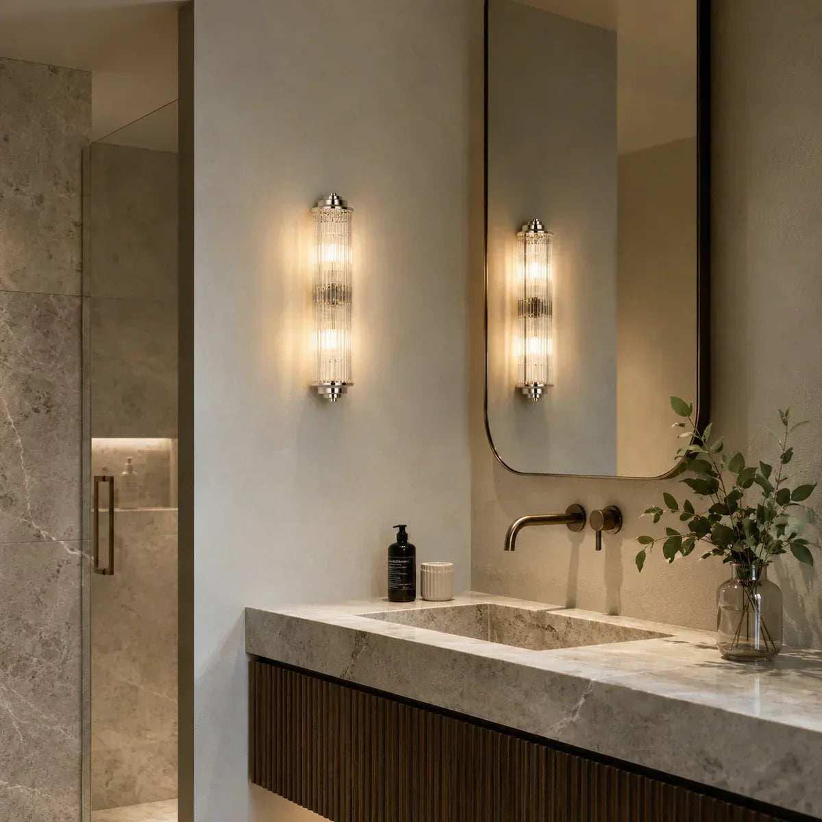 IP44 wall light in Zone 2 next to a bathroom sink