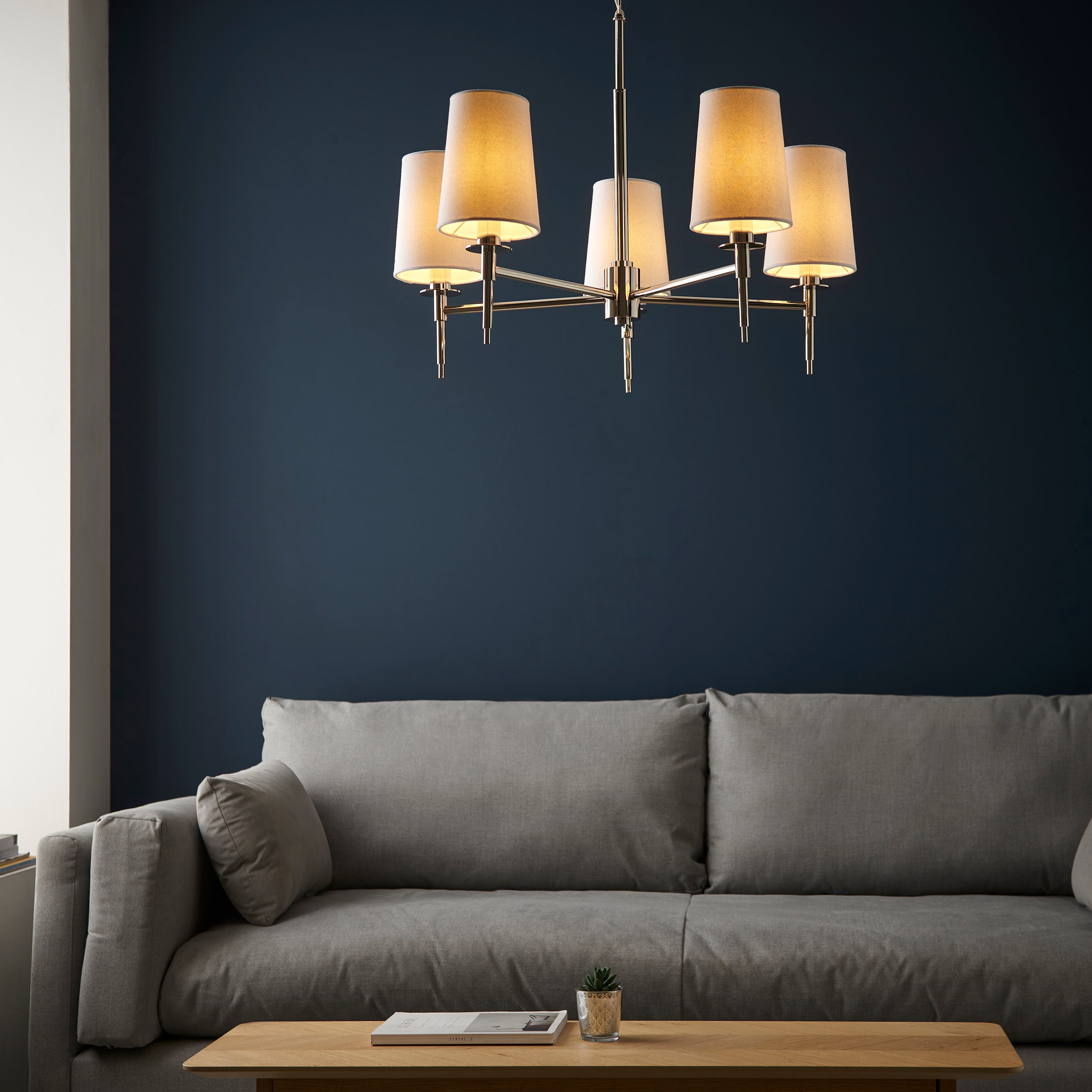 Utopia Eton 5 Light Multi Arm Pendant - Bright Nickel & Tapered Shades