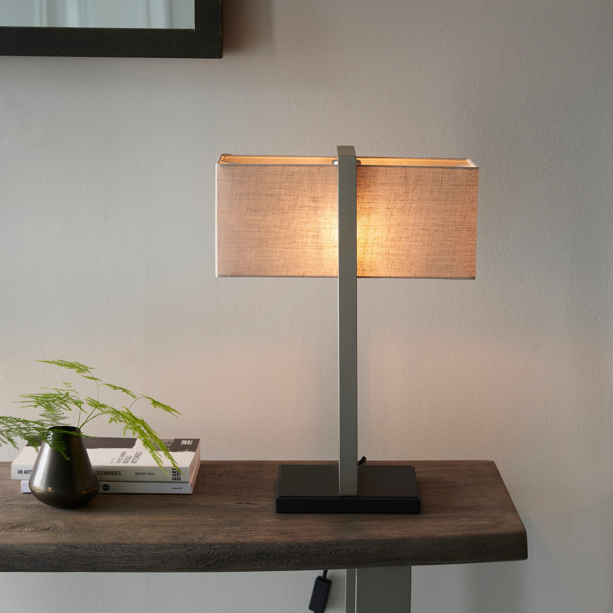 Utopia Oblong Table Lamp - Satin Nickel And Natural Shade