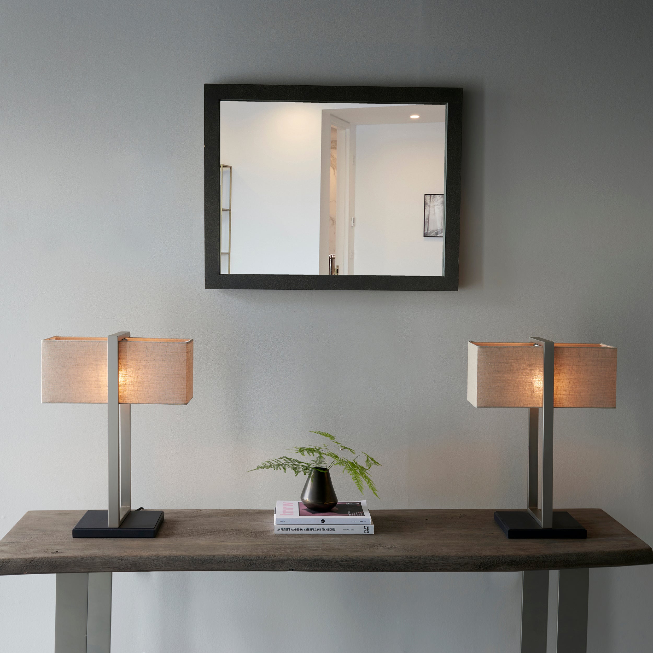 Utopia Oblong Table Lamp - Satin Nickel And Natural Shade