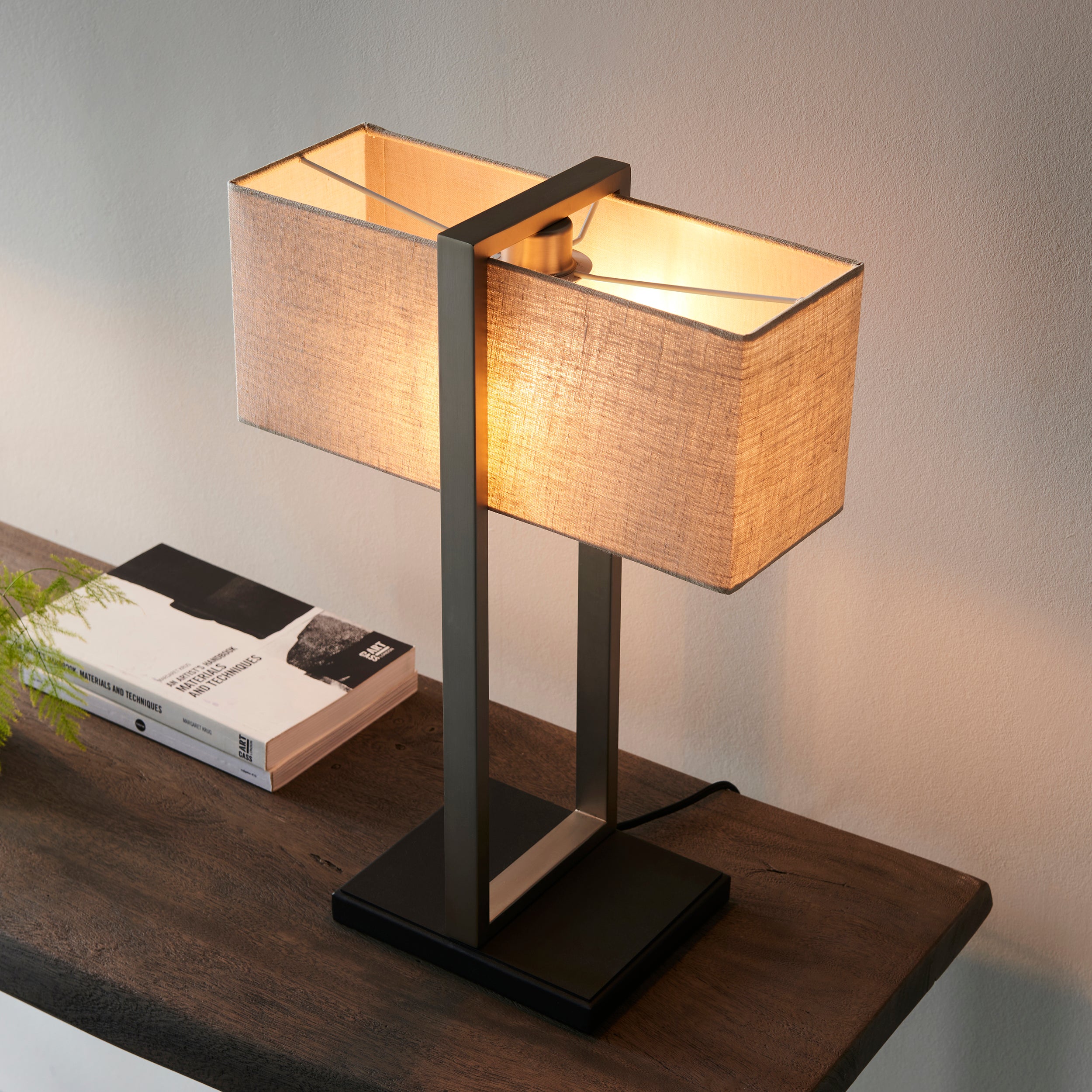 Utopia Oblong Table Lamp - Satin Nickel And Natural Shade