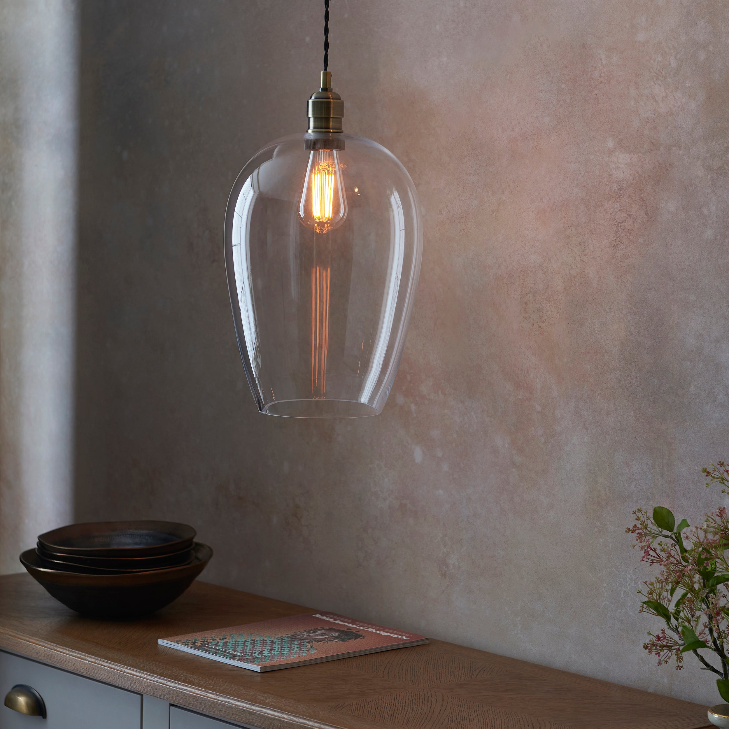Utopia Walton Single Light Large Ceiling Pendant - Antique Brass & Clear Glass