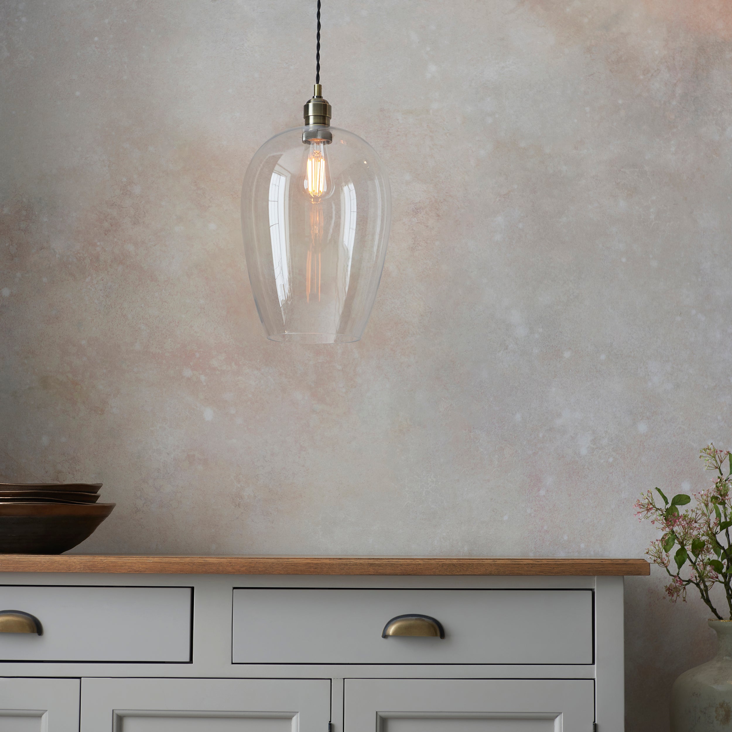 Utopia Walton Single Light Large Ceiling Pendant - Antique Brass & Clear Glass