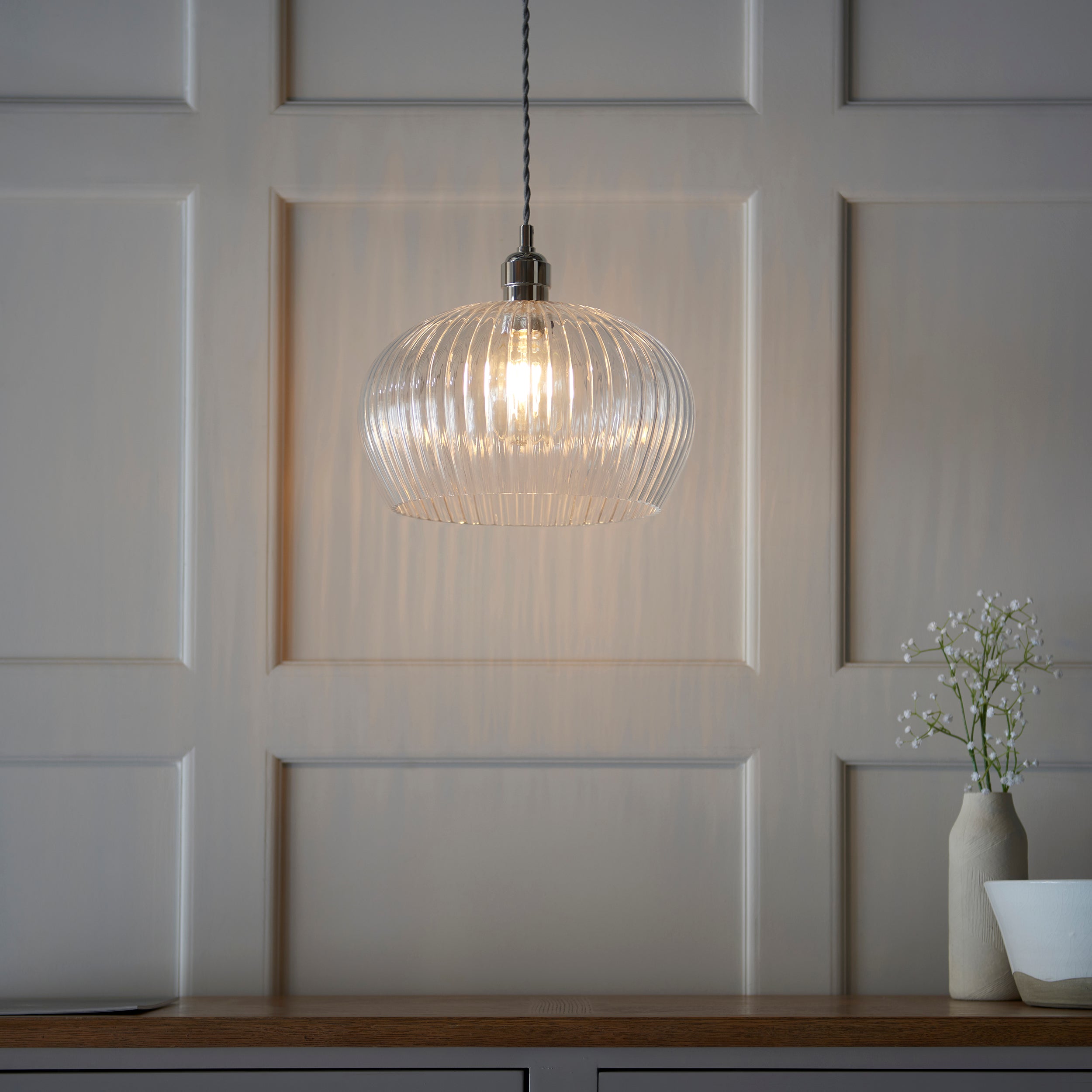 Utopia Finesse Medium Single Pendant - Bright Nickel Plate & Clear Ribbed Glass