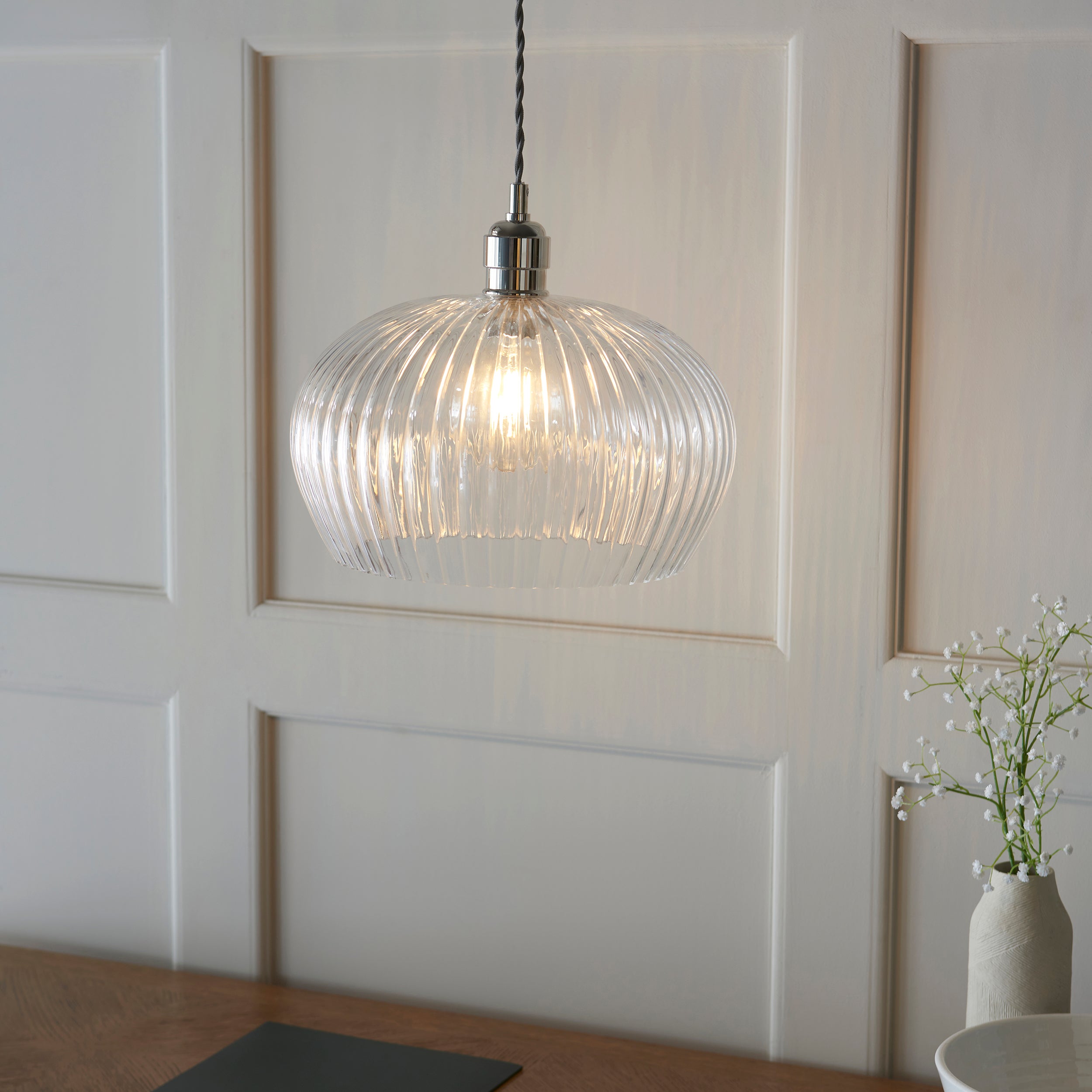 Utopia Finesse Medium Single Pendant - Bright Nickel Plate & Clear Ribbed Glass