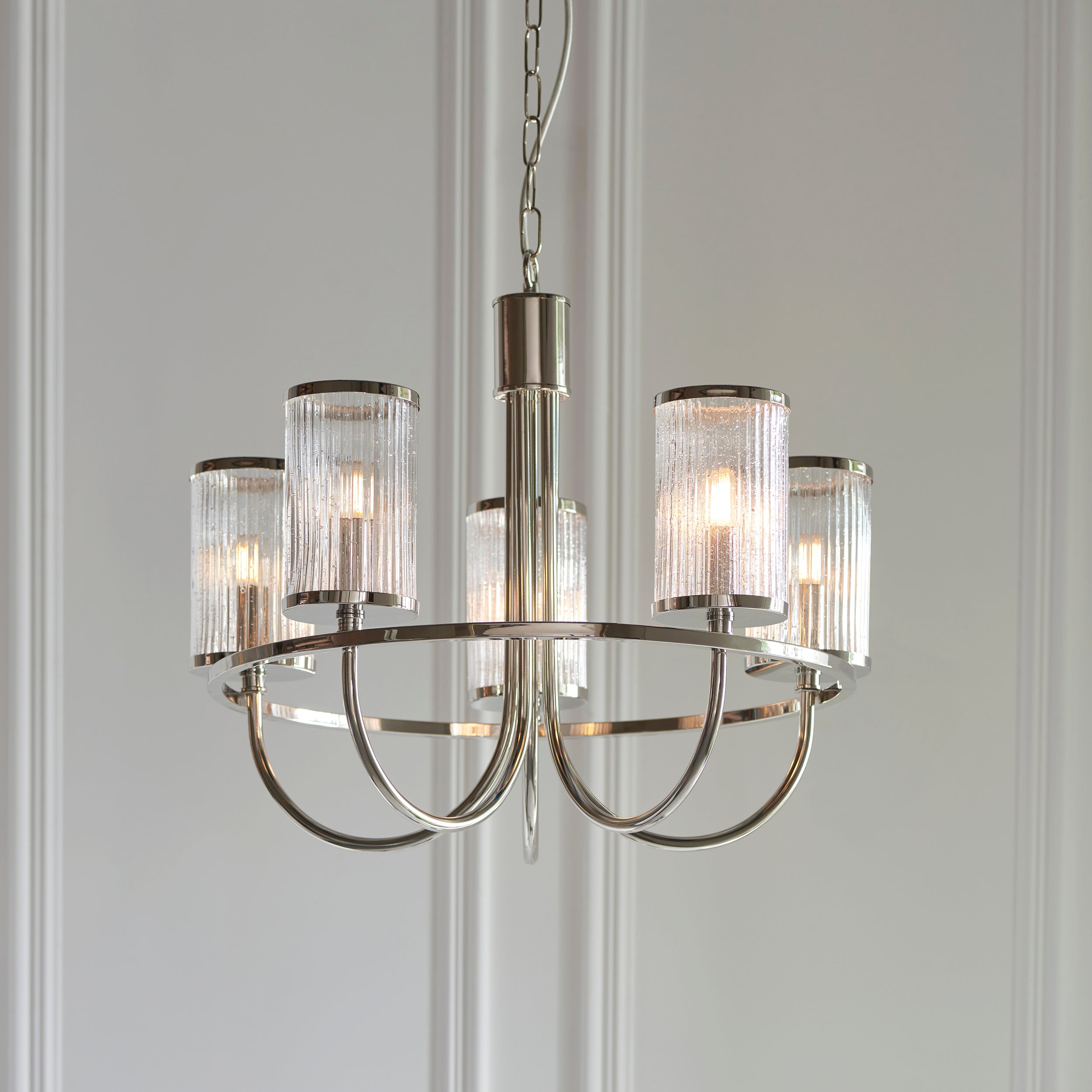 Endon Henbury 5 Light Ceiling Pendant - Bright Nickel & Ribbed Bubble Glass Shades