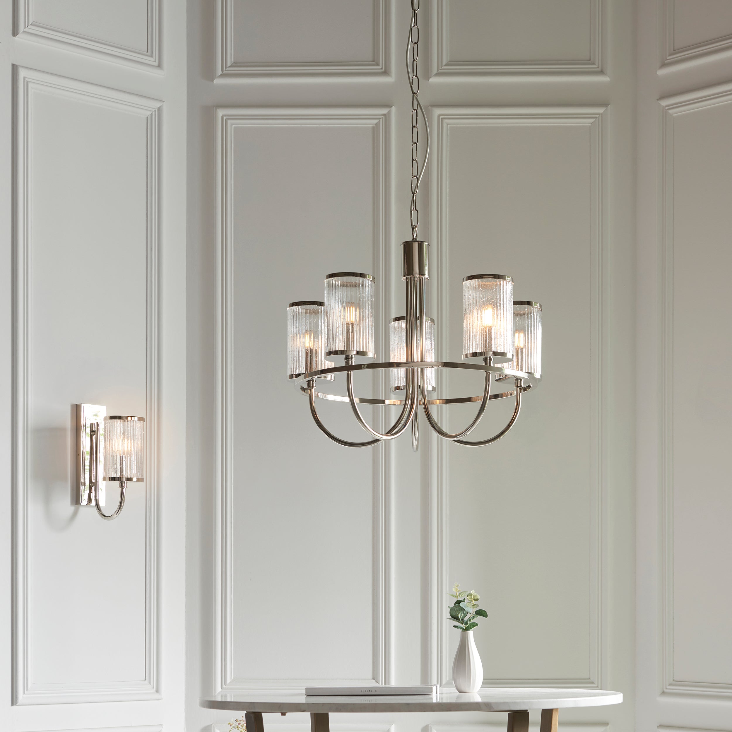 Endon Henbury 5 Light Ceiling Pendant - Bright Nickel & Ribbed Bubble Glass Shades