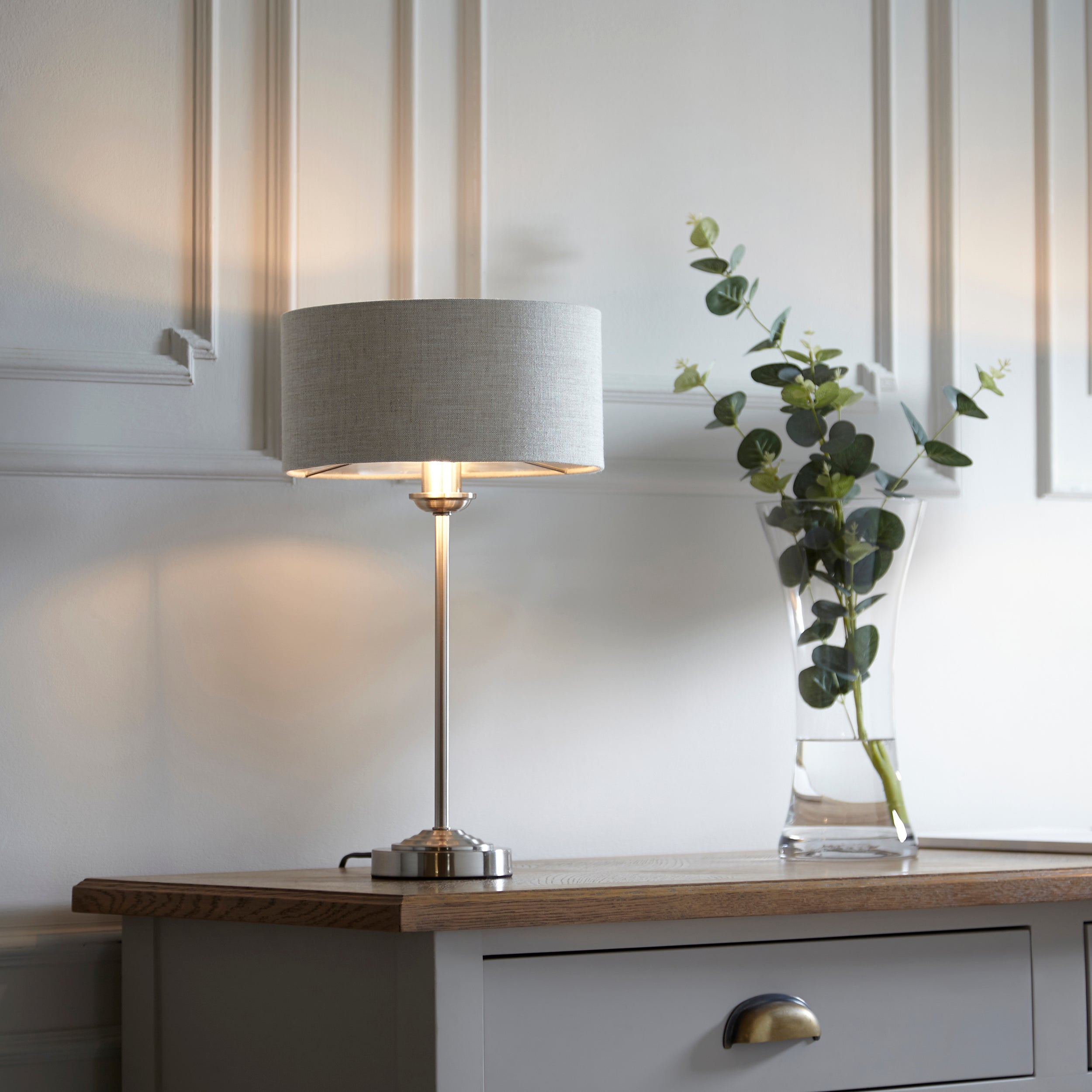 Endon Highclere Table Lamp - Brushed Chrome & Natural Linen