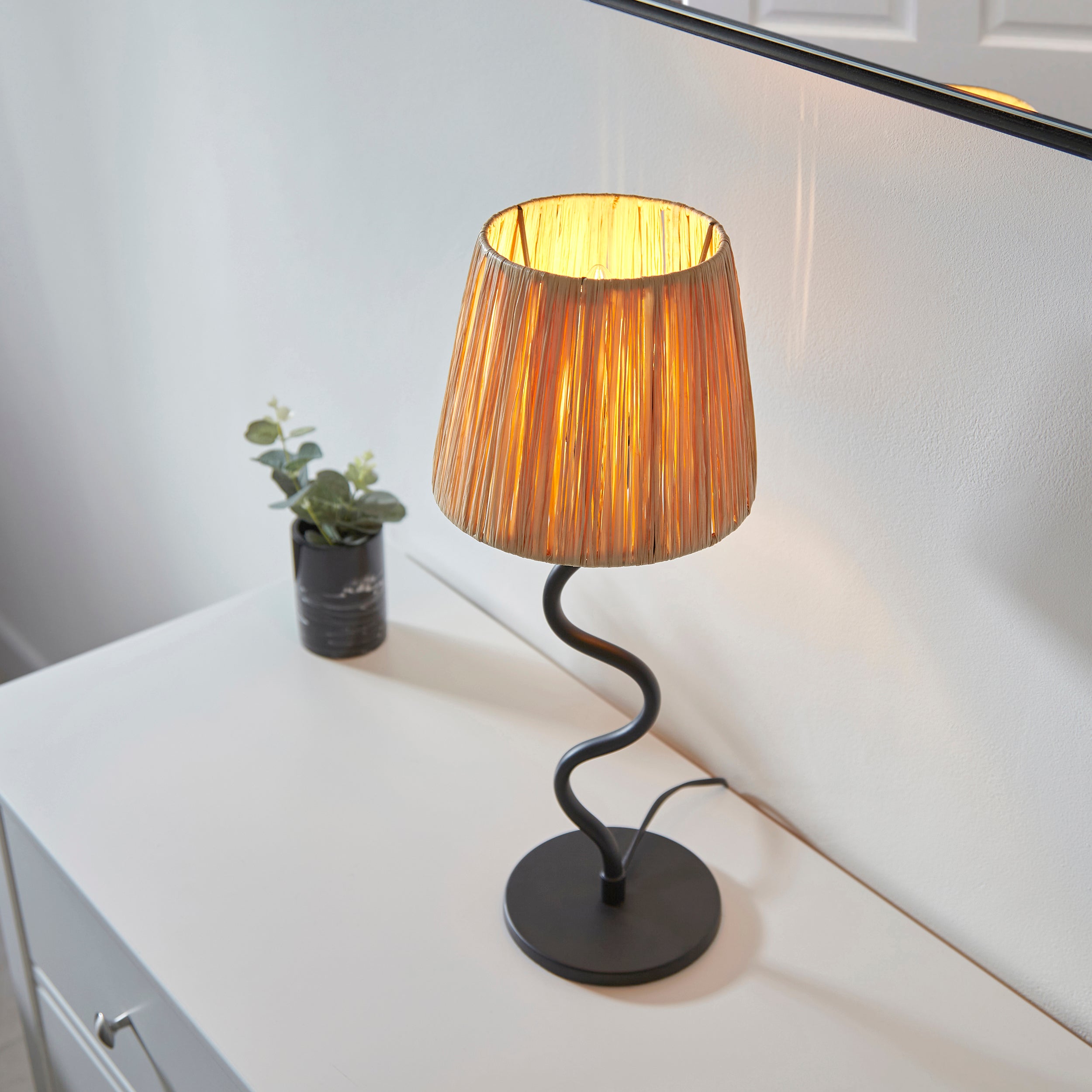 Endon Wriggle Table Lamp -  Matt Black & Natural Raffia Tapered Shade