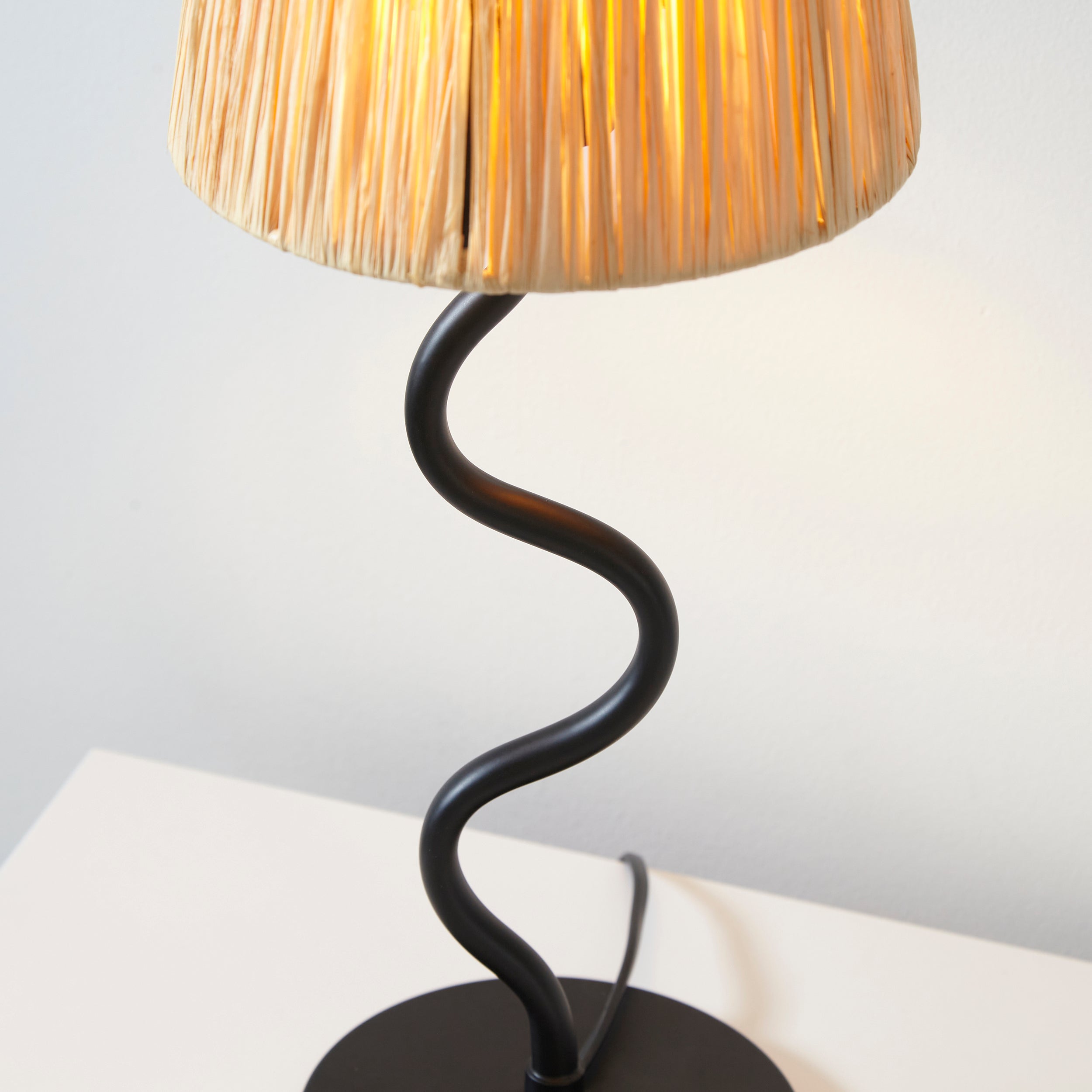 Endon Wriggle Table Lamp -  Matt Black & Natural Raffia Tapered Shade