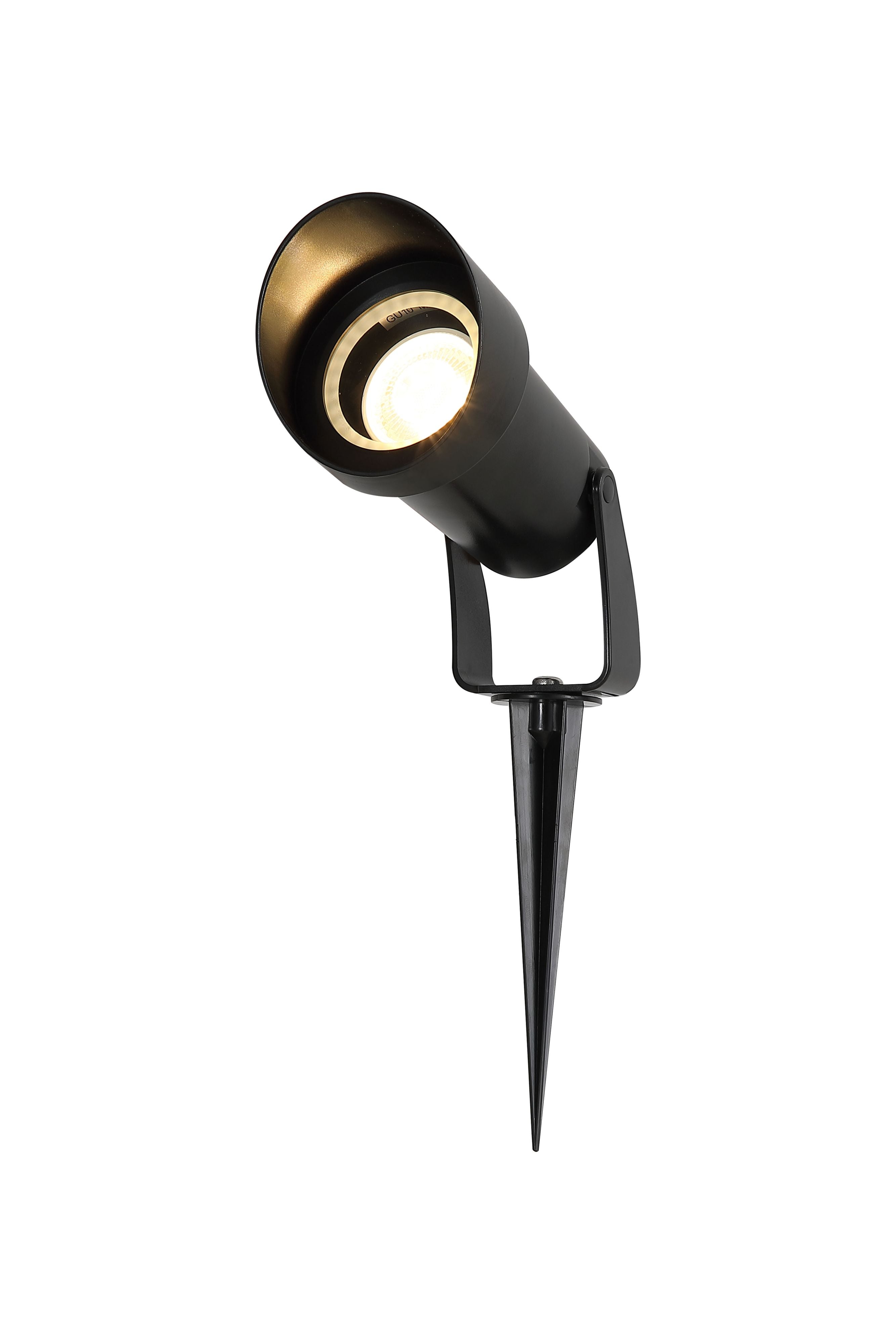 Searchlight Spike Outdoor Light in matt black, angled studio shot with a warm white GU10 LED bulb lit inside the head