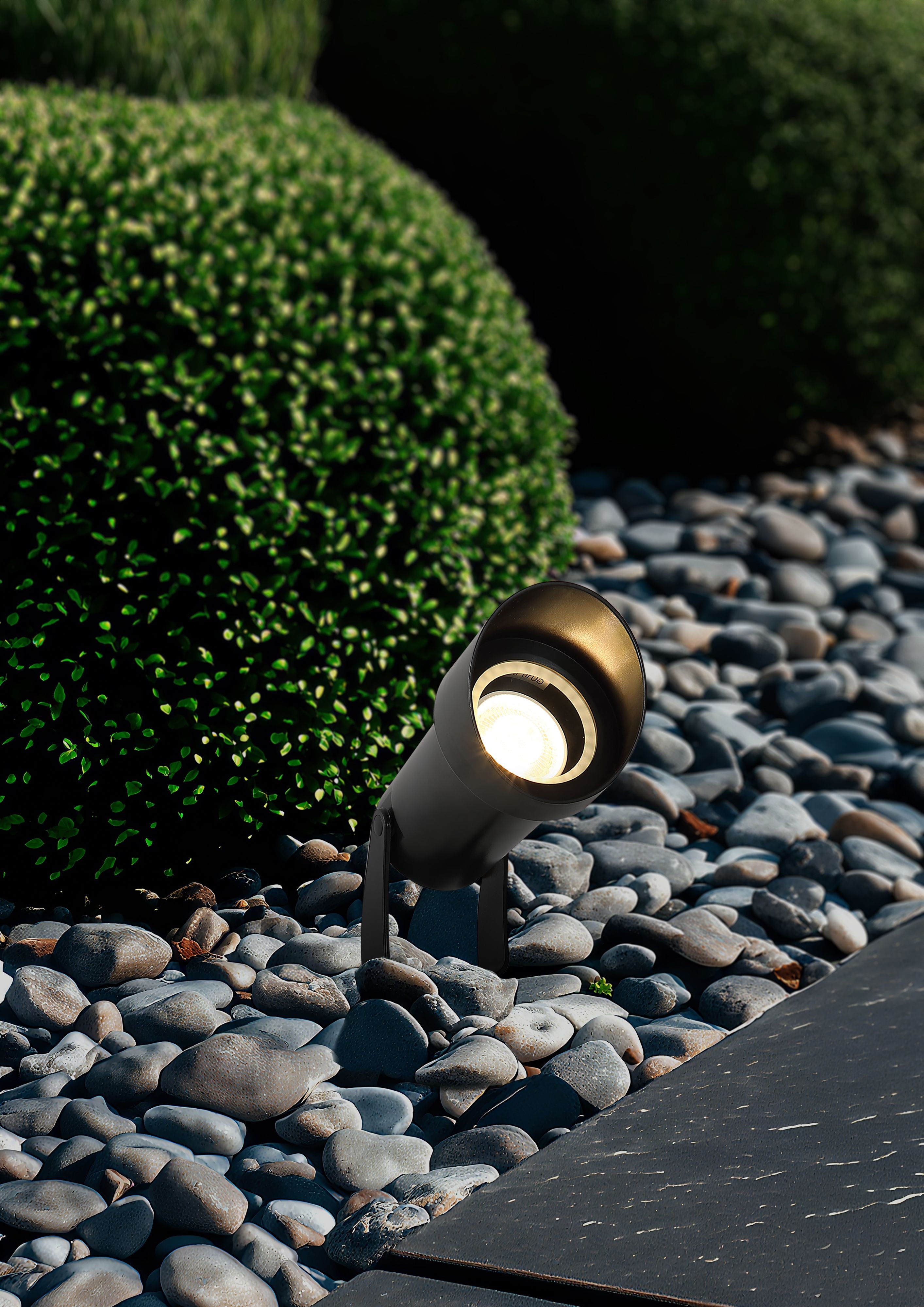 Searchlight Spike Outdoor Light staked into a pebble border lit at dusk beside rounded box hedging