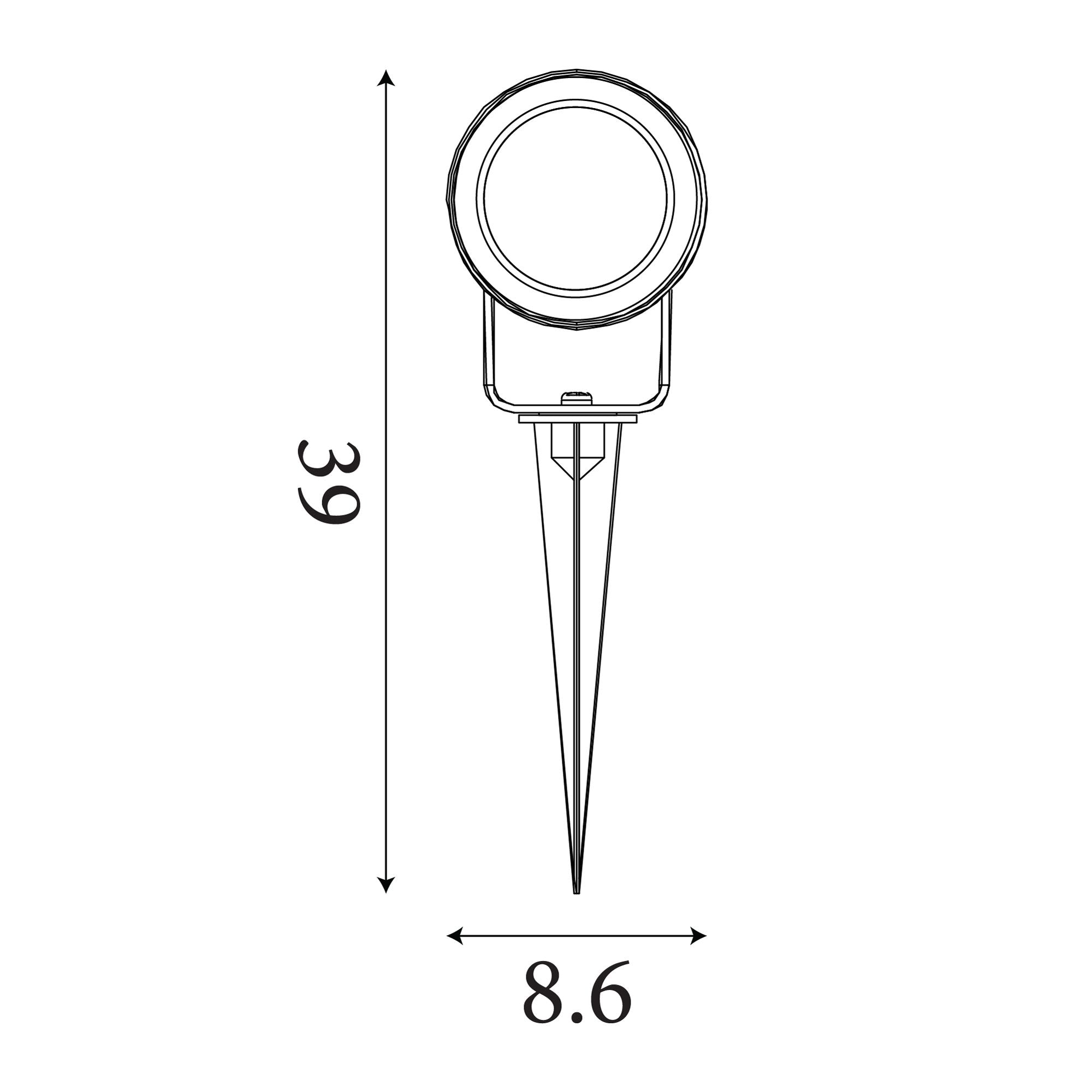 Technical line drawing of the Searchlight Spike Outdoor Light showing a total height of 39cm and head width of 8.6cm