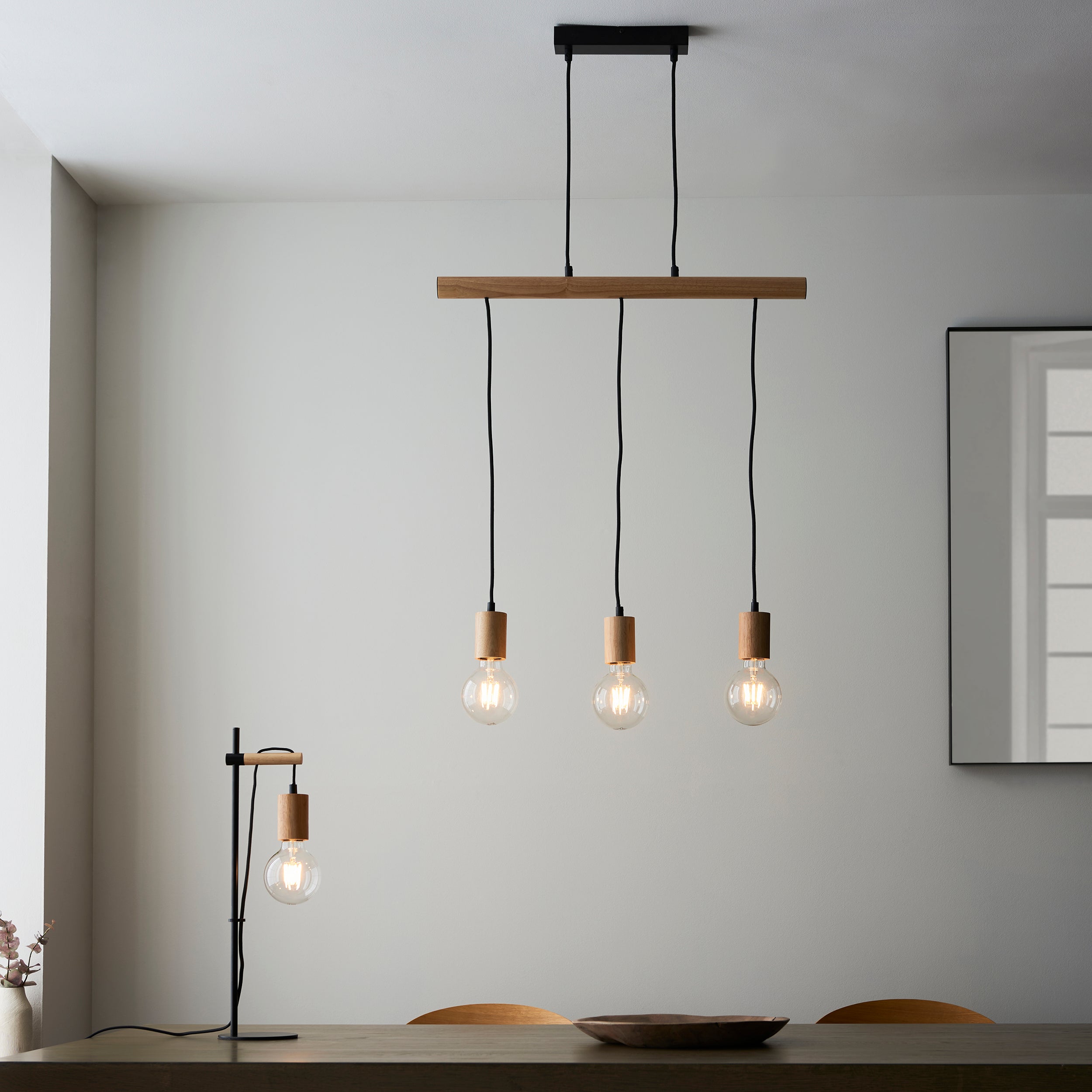 Endon Sven 3 Light Linear Pendant - Light Wood & Matt Black
