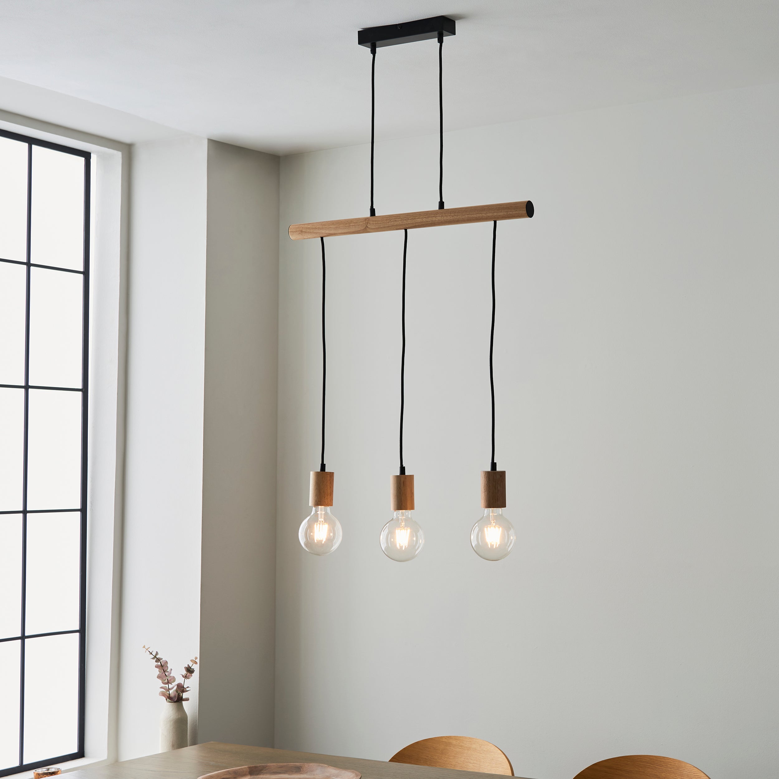 Endon Sven 3 Light Linear Pendant - Light Wood & Matt Black