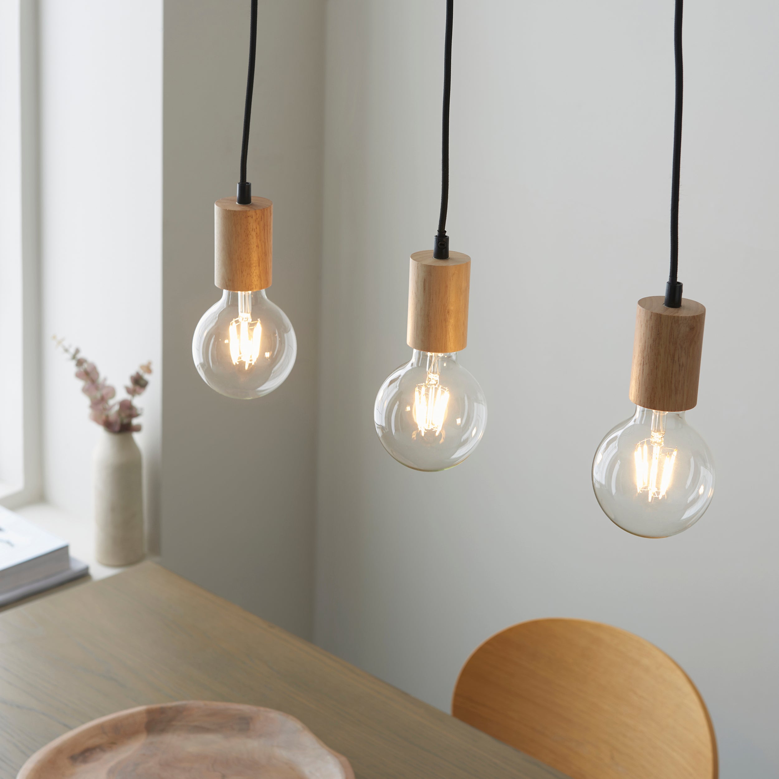 Endon Sven 3 Light Linear Pendant - Light Wood & Matt Black