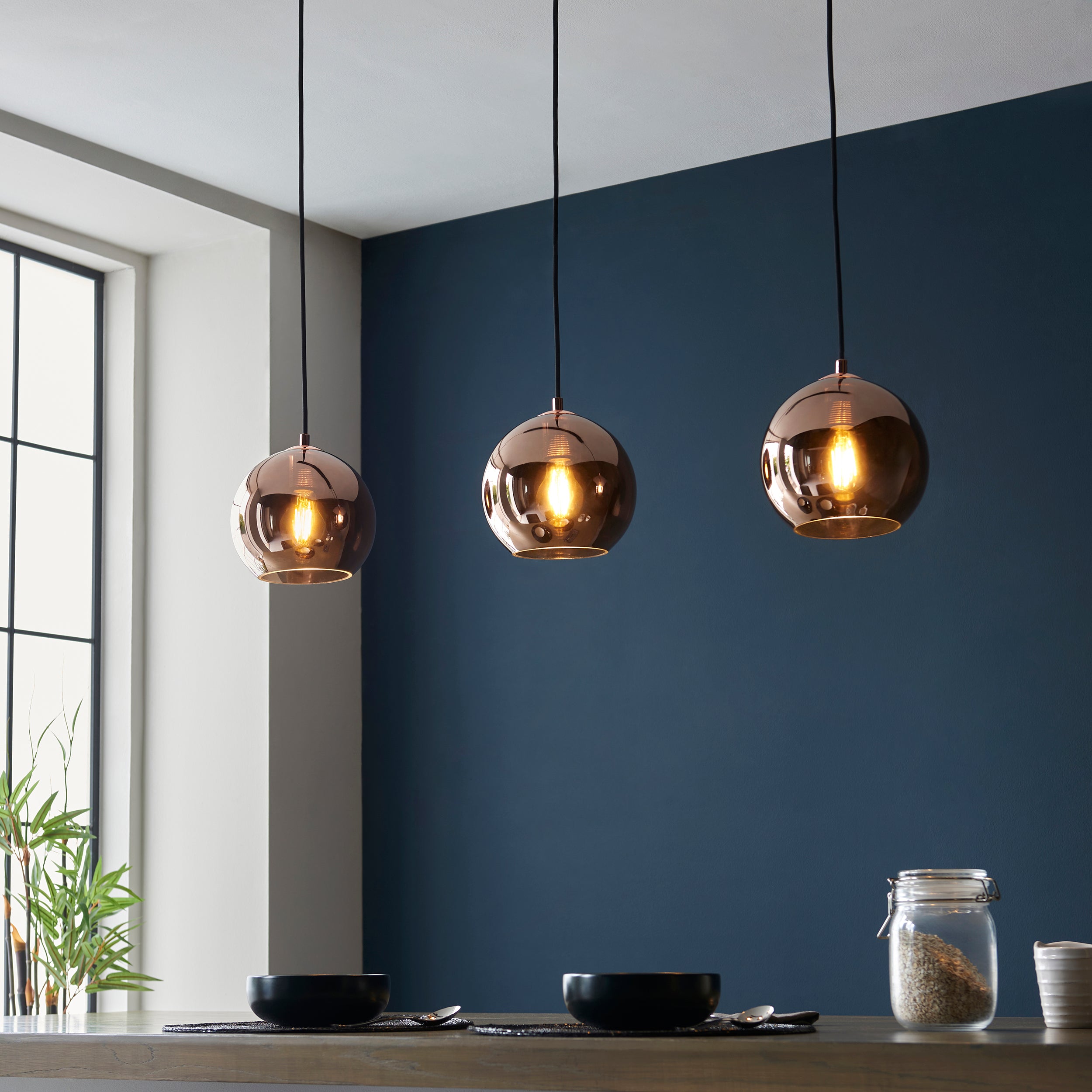 Endon Boli 3 Light Pendant - Copper Mirrored Glass & Matt Black Paint