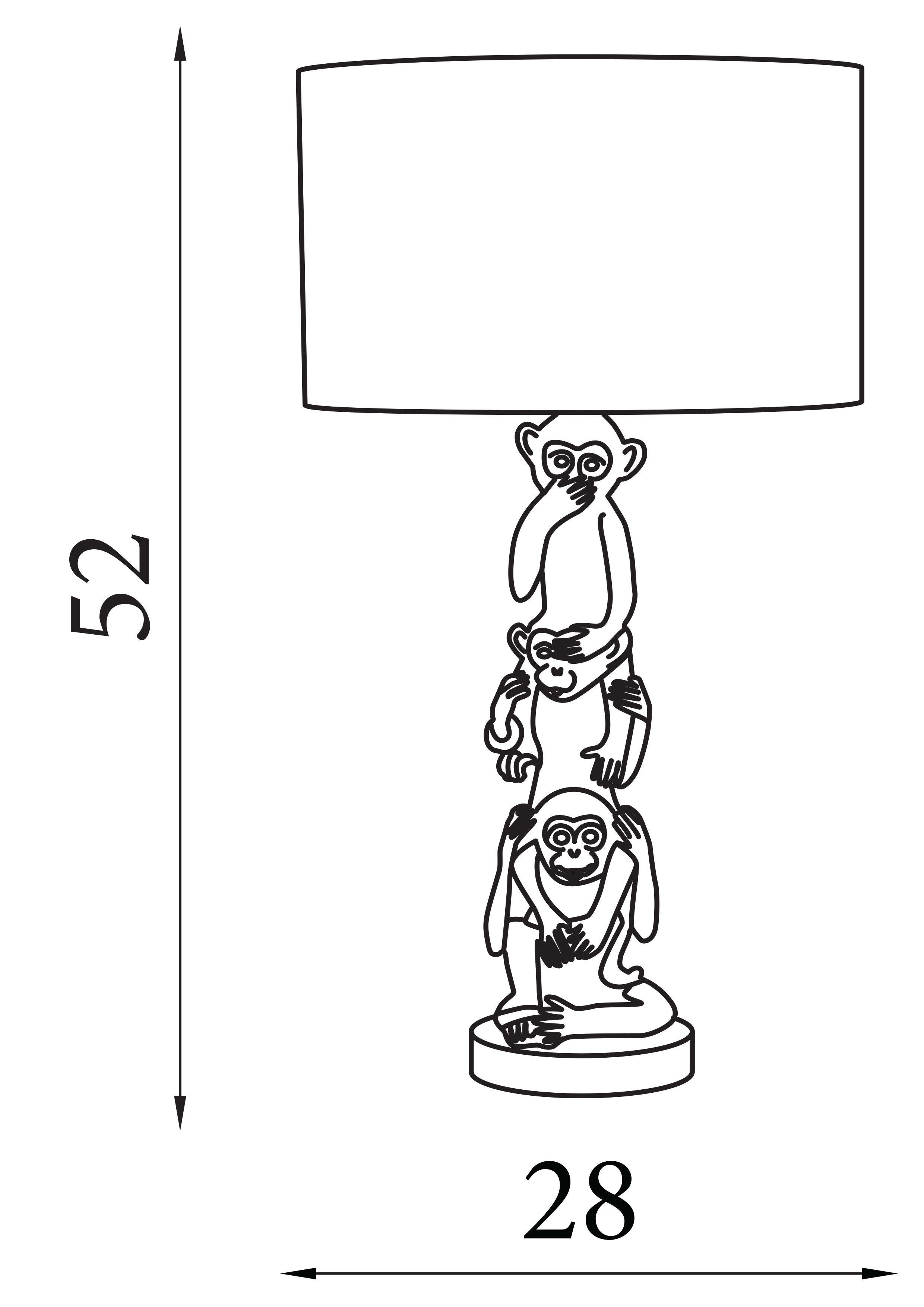 Technical drawing of the 3 Wise Monkeys table lamp showing a height of 52cm and a width of 28cm
