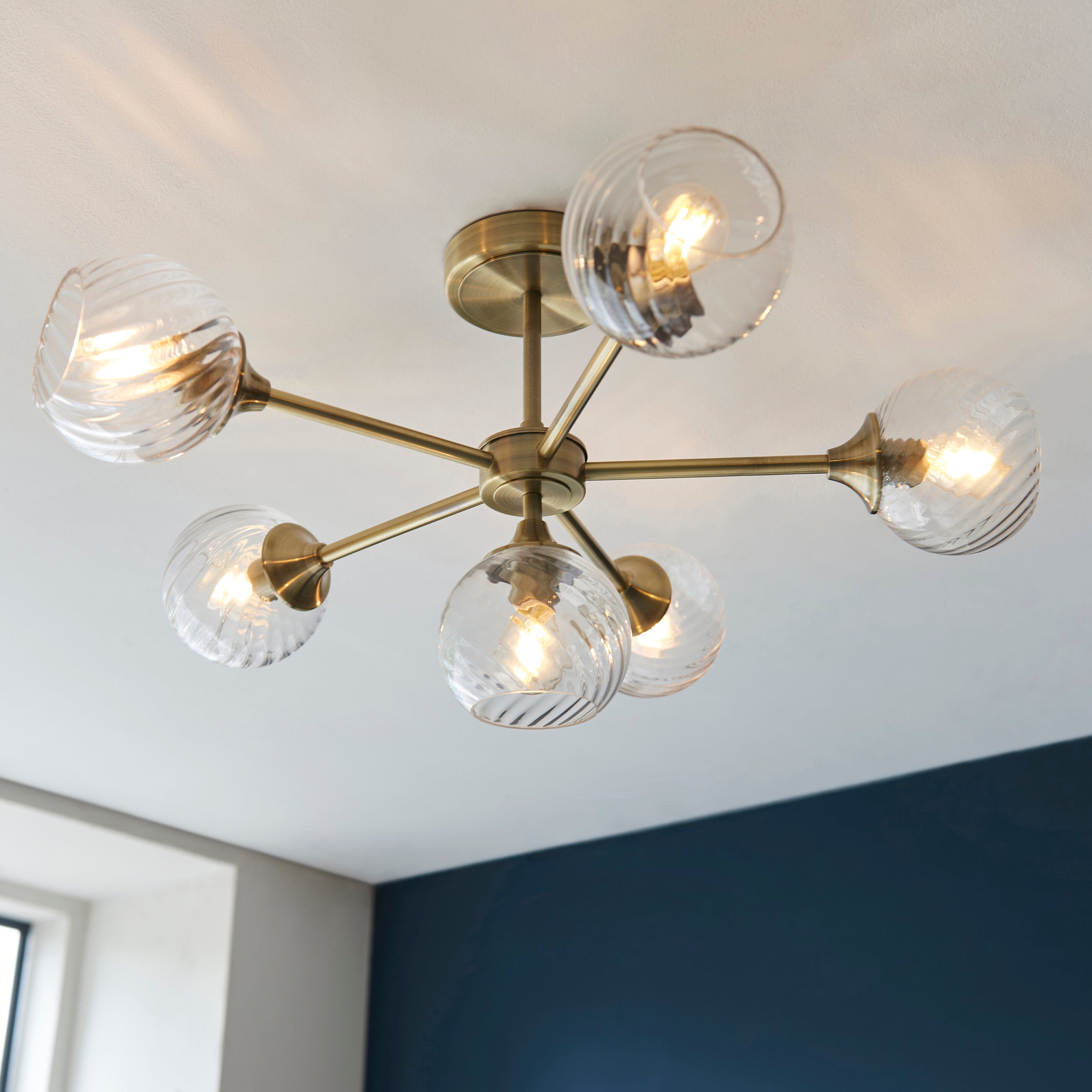 Endon Allegra 6 Light Semi-Flush Fitting - Antique Brass Plate & Clear Spiral Glass