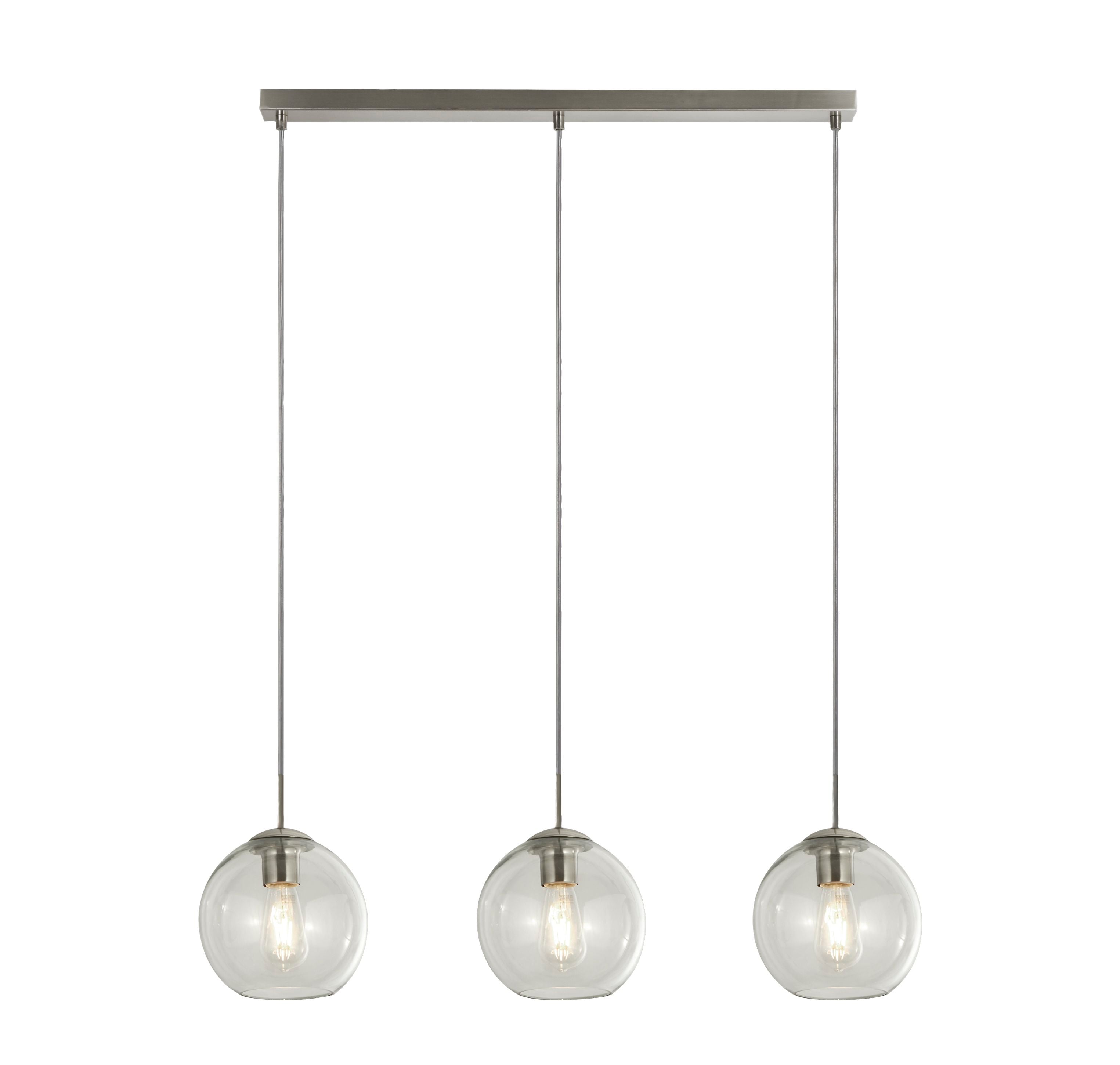 Searchlight Balls 3 Light Bar Pendant in chrome with three clear glass globe shades hanging from a straight bar, studio shot on a white background