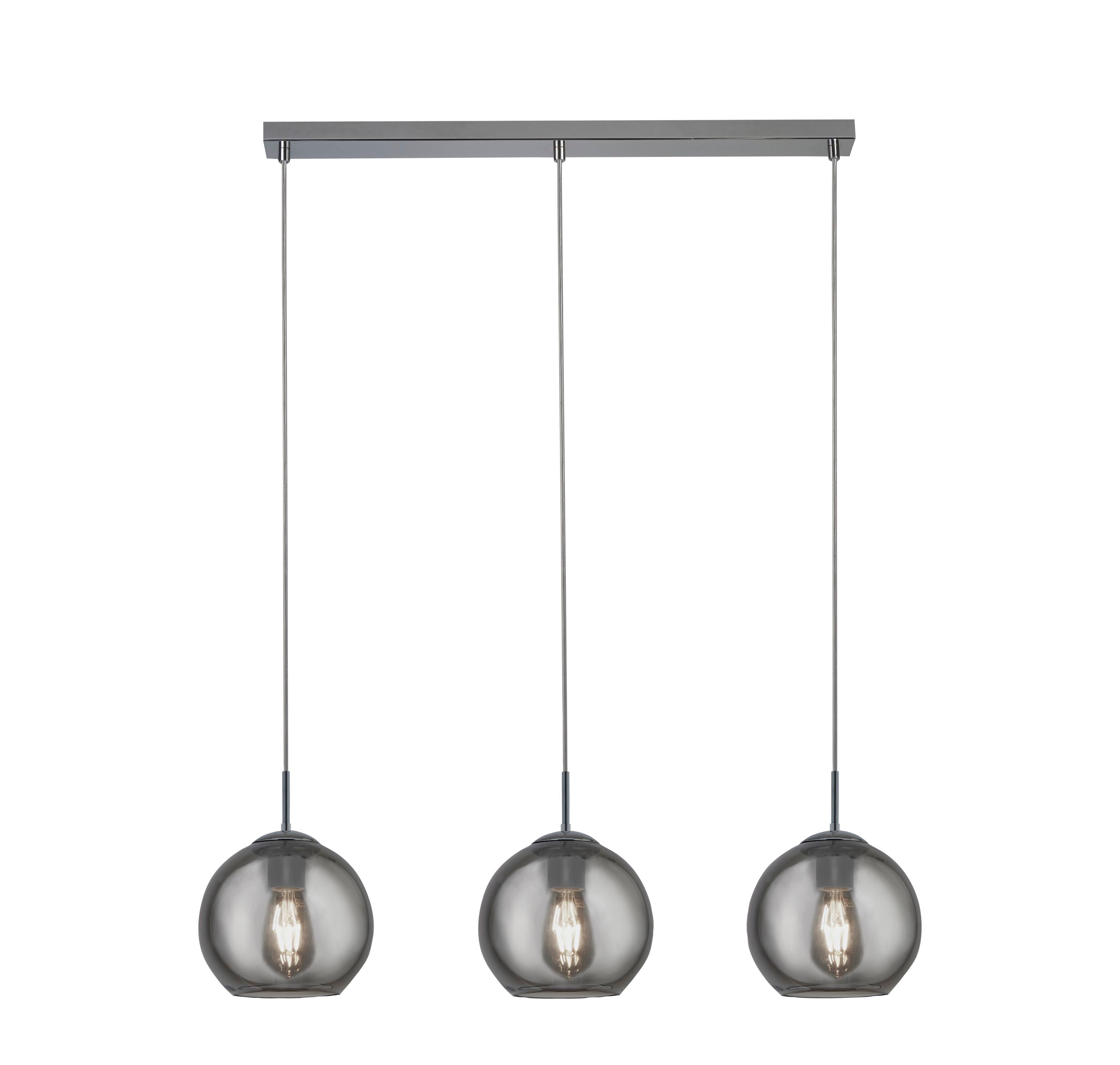 Searchlight Balls 3 Light Bar Pendant in chrome with three smoked glass globe shades hanging from a straight bar, studio shot on a white background