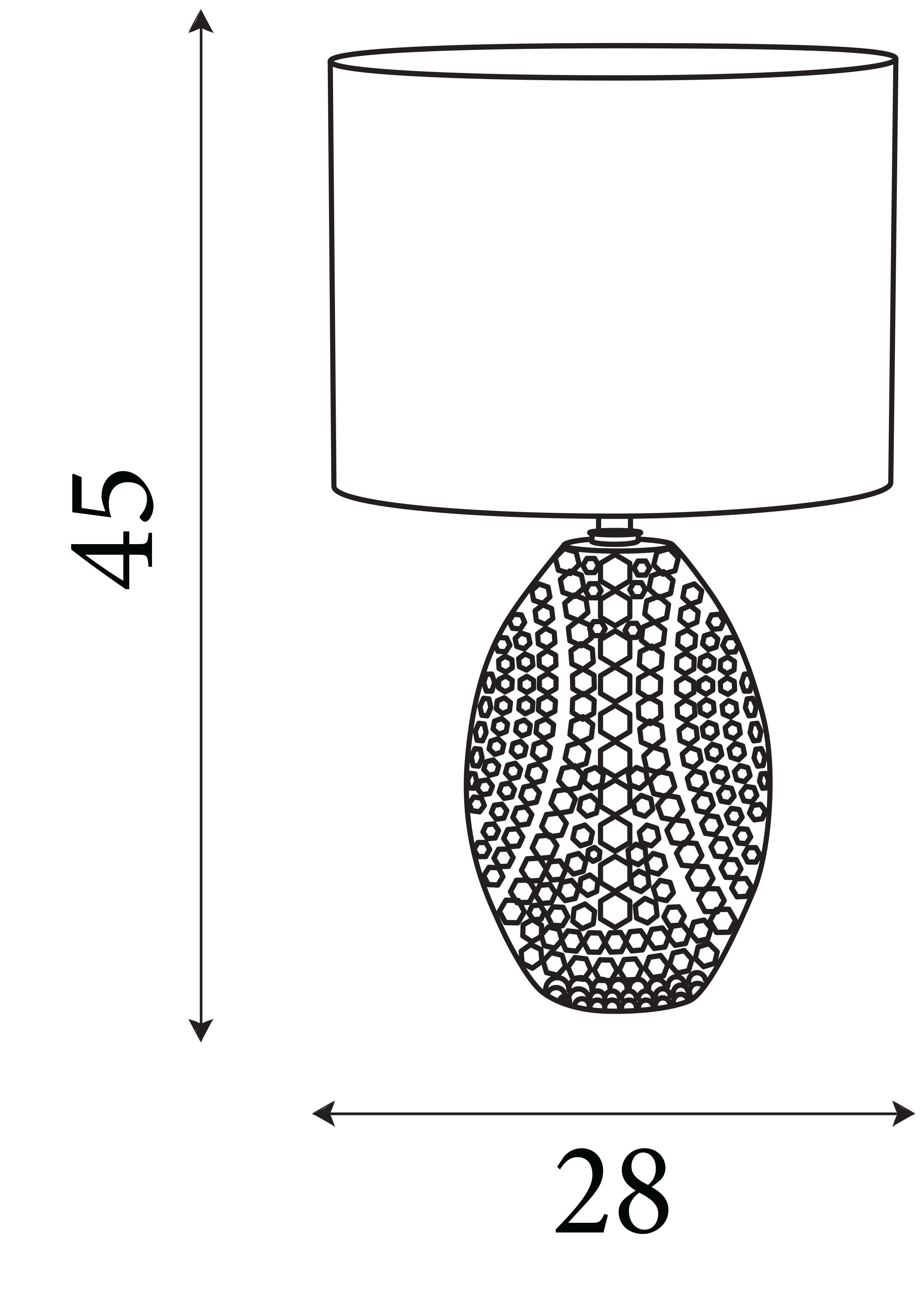 Line drawing showing the Nadine table lamp's dimensions, 45cm high and 28cm wide