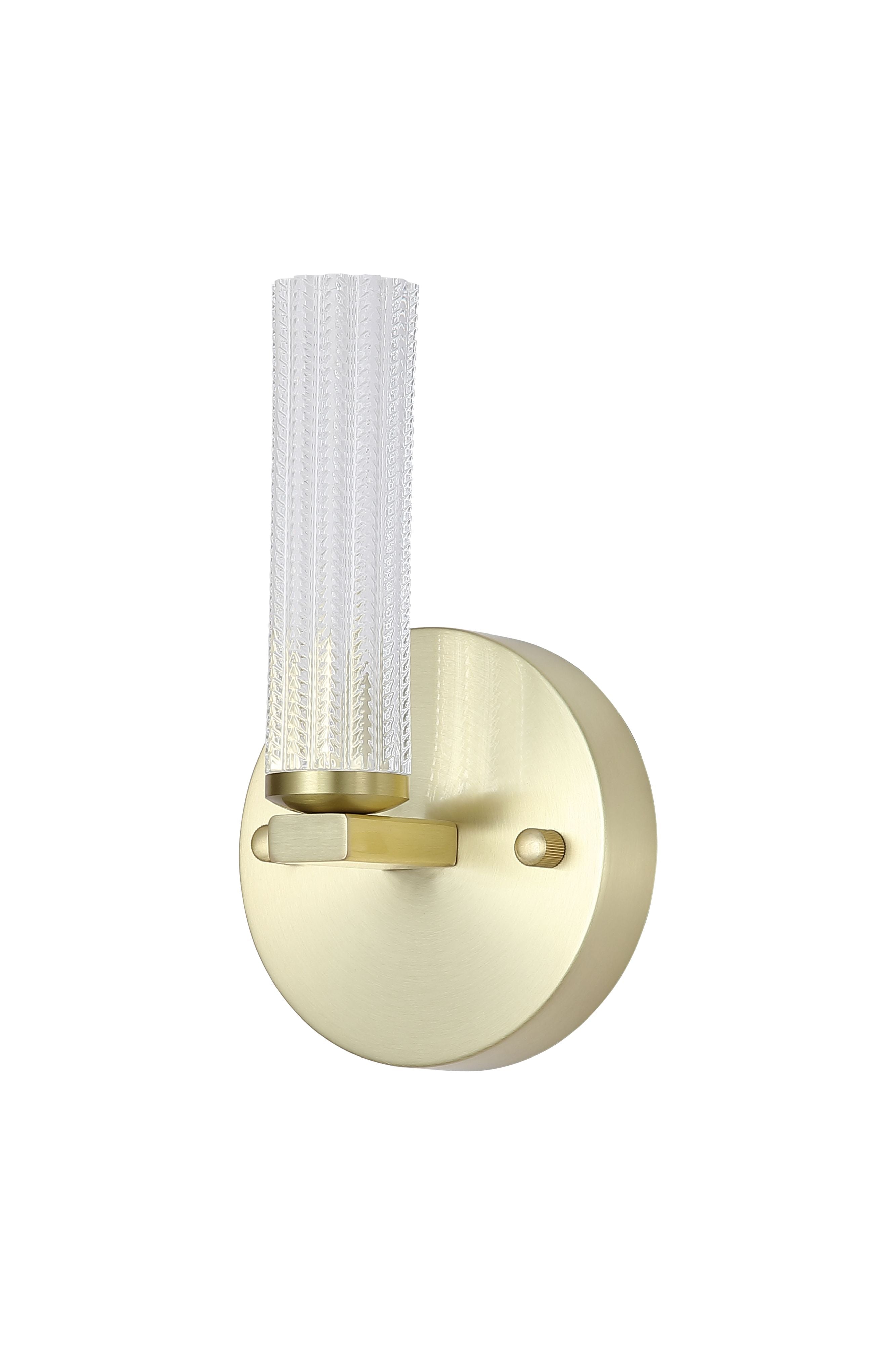 Searchlight Aberdeen LED wall light in satin brass, straight on studio shot showing the reeded texture of the illuminated diffuser