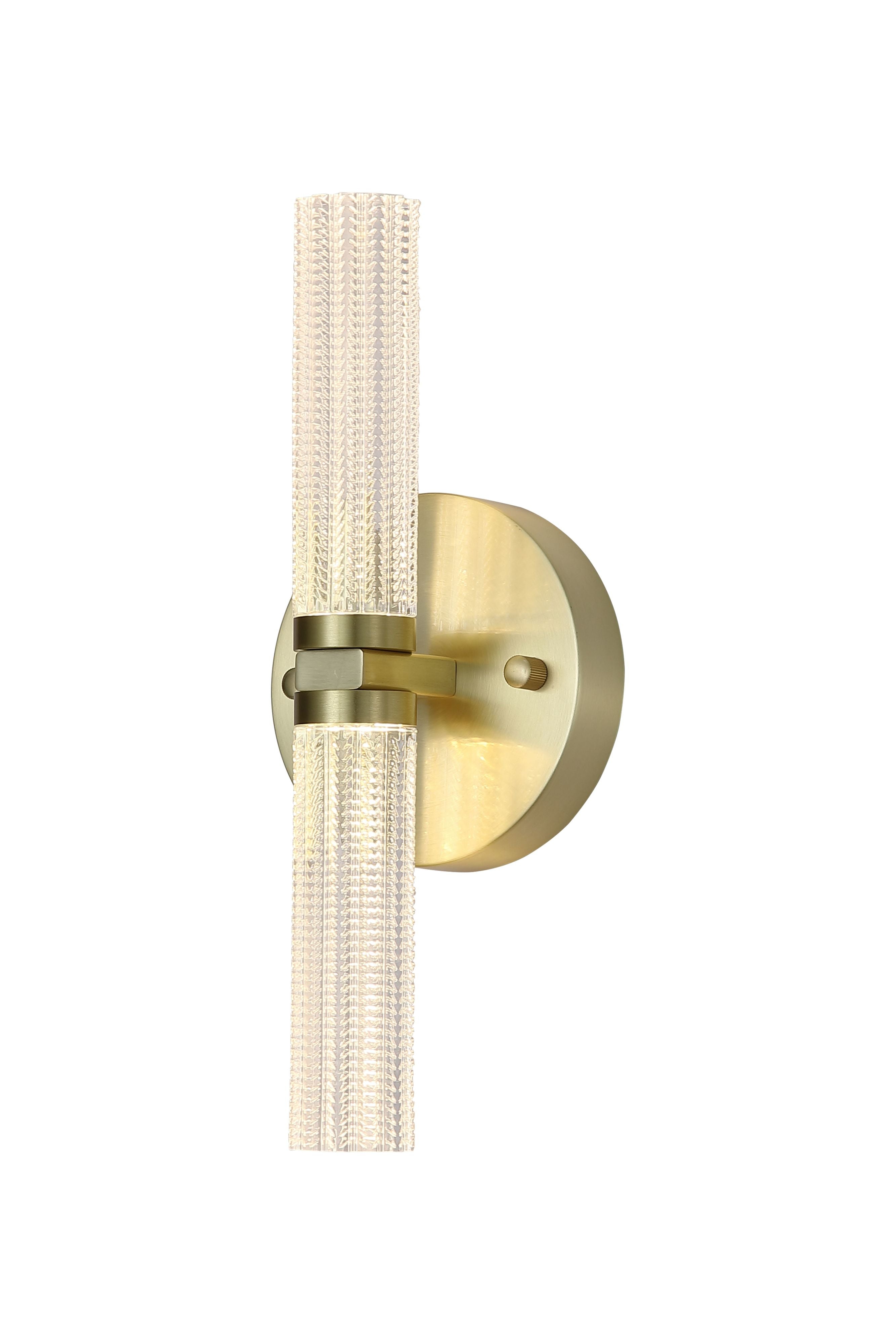 Searchlight Aberdeen LED Up/Down wall light in satin brass, studio shot of the two fluted acrylic diffusers lit warm white above and below the backplate