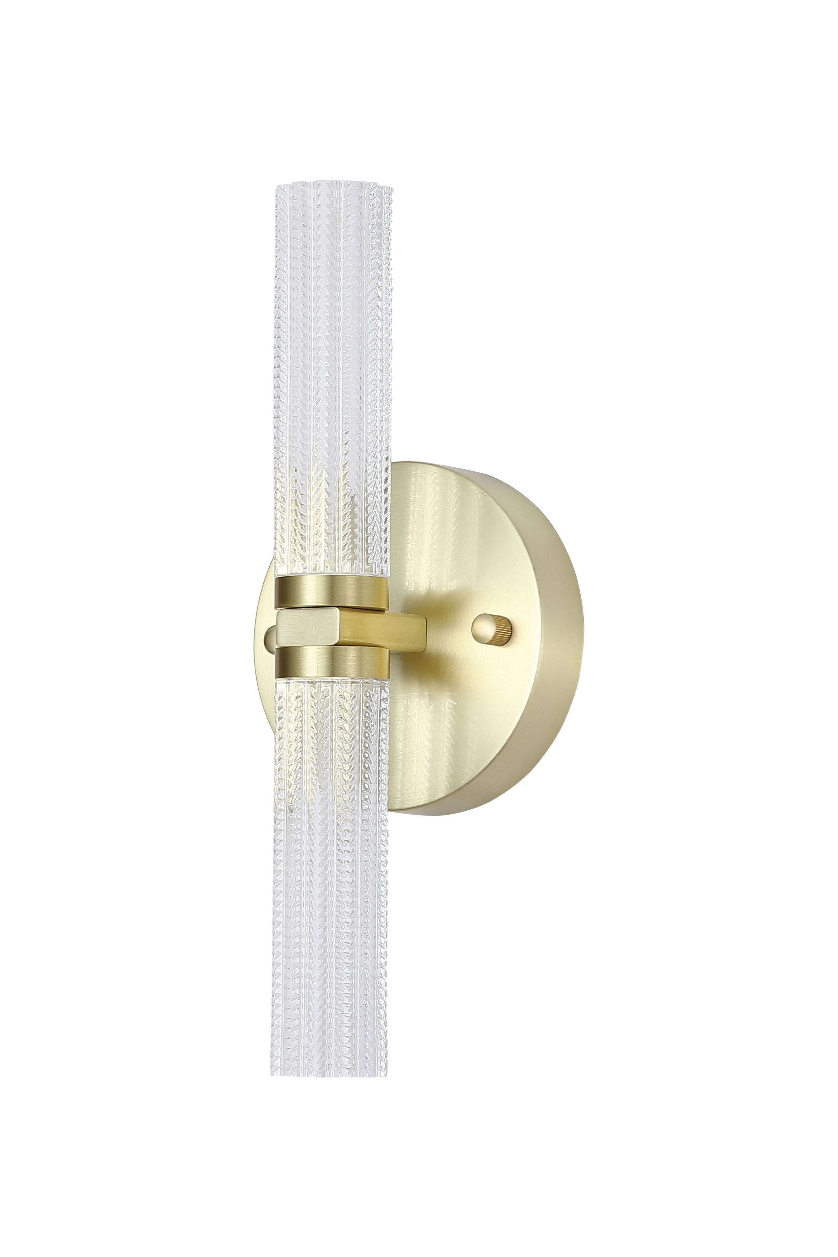 Searchlight Aberdeen LED Up/Down wall light in satin brass, straight on studio shot showing the symmetrical twin diffuser design