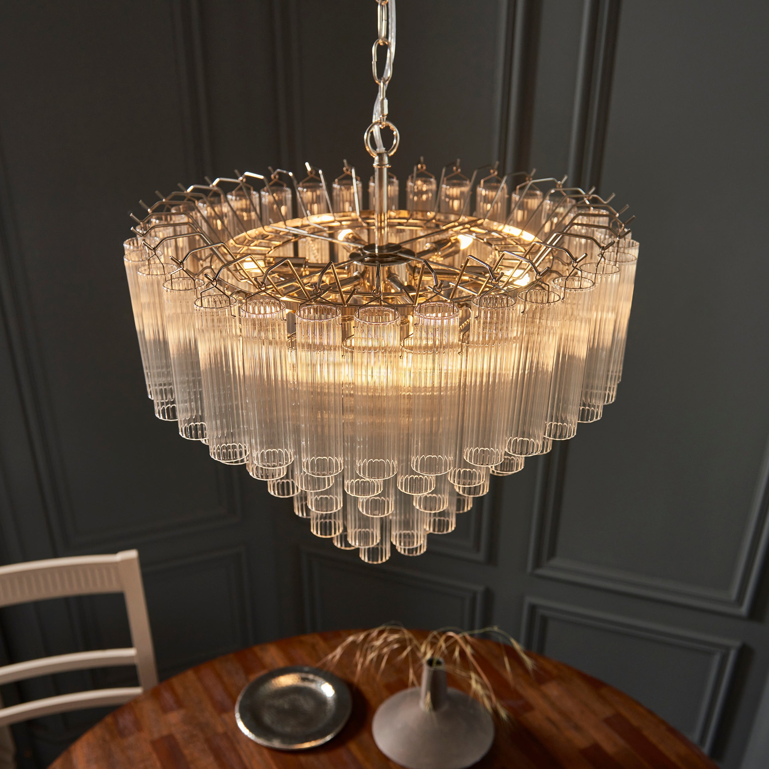 Endon Toulouse 12 Light Pendant - Bright Nickel Plate & Clear Ribbed Glass