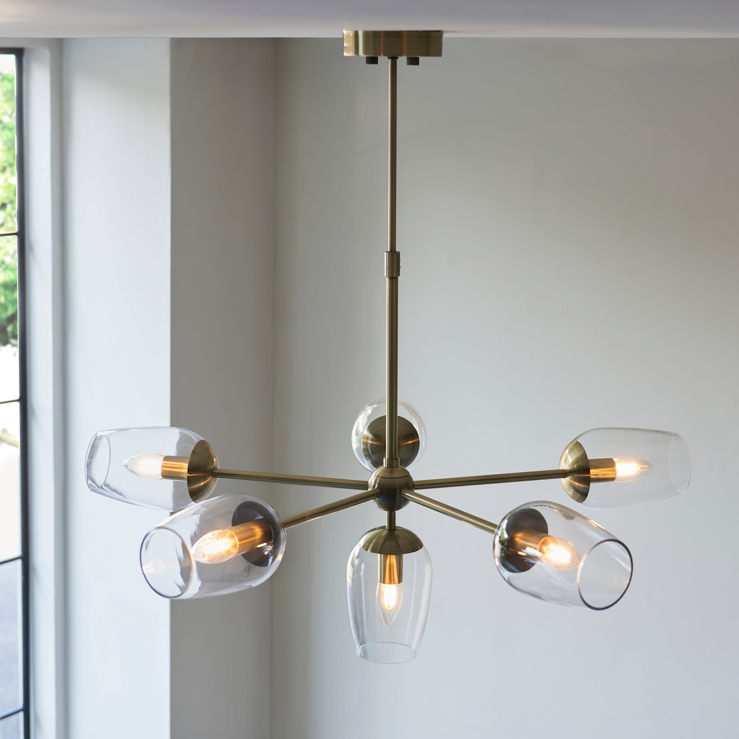 Endon Walton 6 Light Adjustable Pendant - Antique Brass Plate & Clear Glass