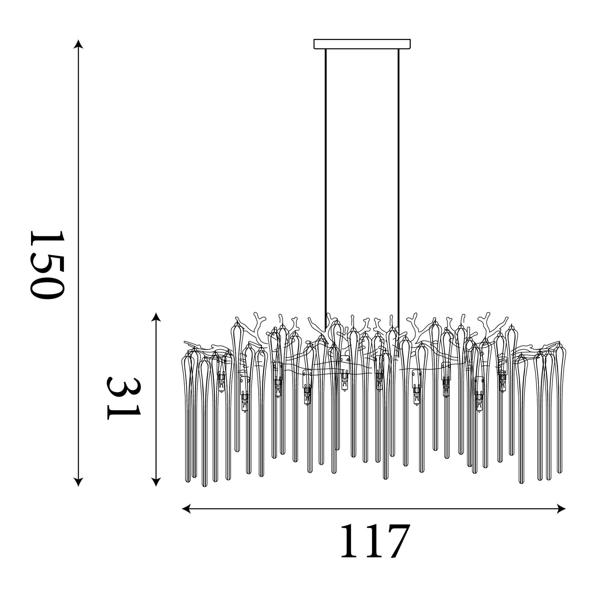 Technical line drawing of the Heritage 10 light pendant showing a length of 117cm, drop of up to 150cm and glass droplet length of 31cm