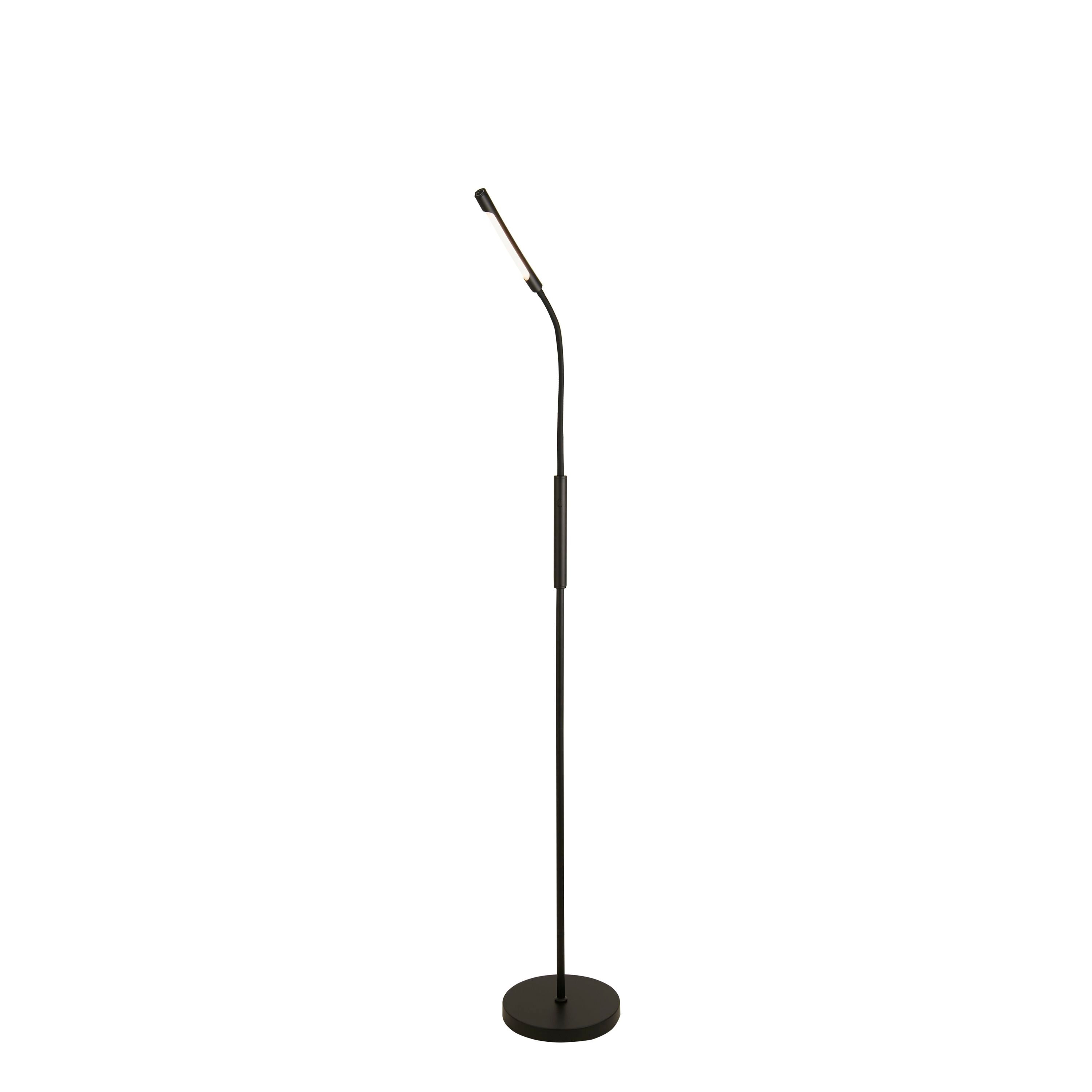 Searchlight Plume Rechargeable LED Floor Lamp in black, studio shot showing the slim gooseneck LED head