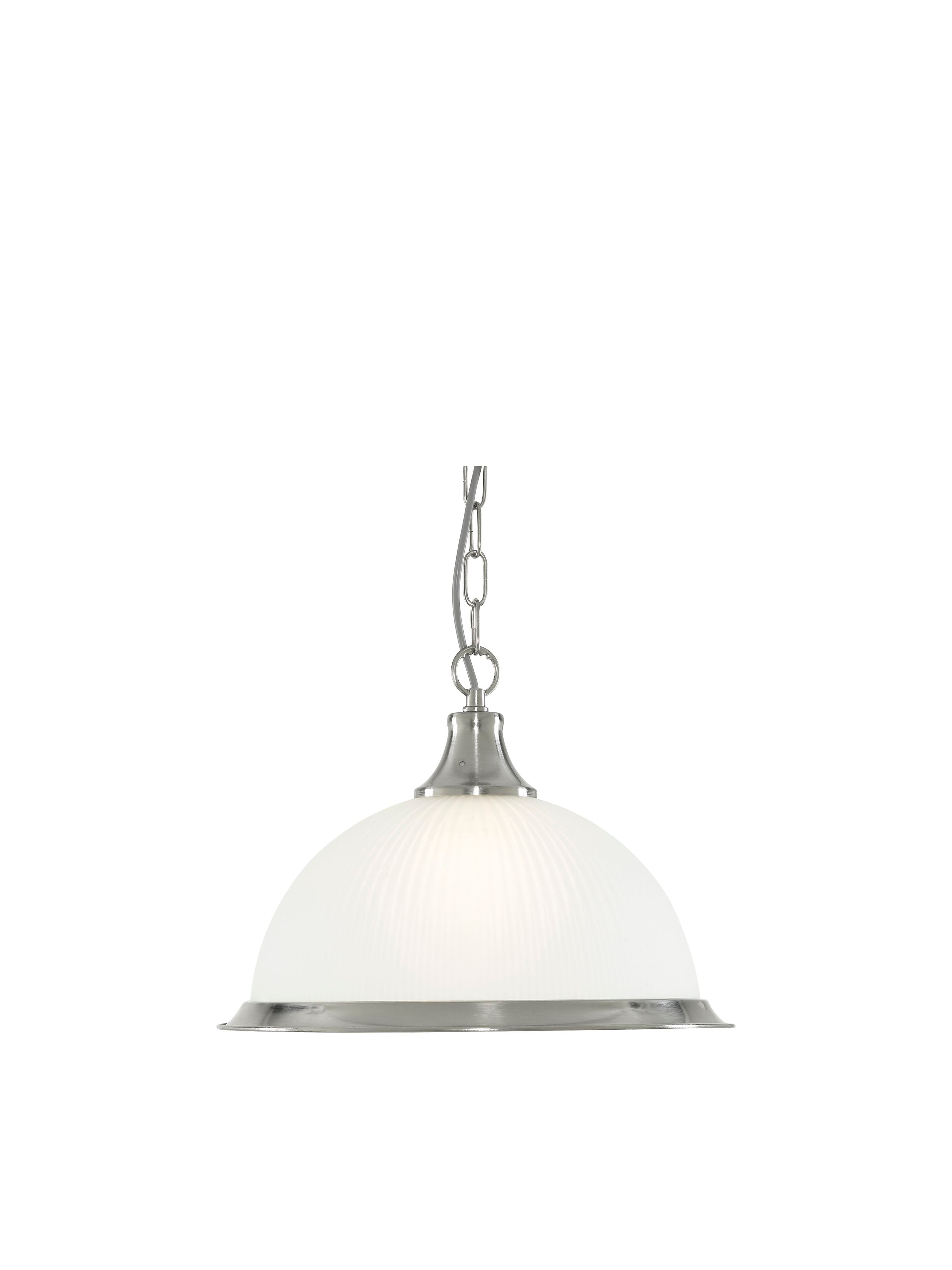 Searchlight American Diner pendant in satin silver, studio view of the ribbed acid glass dome shade against a white background