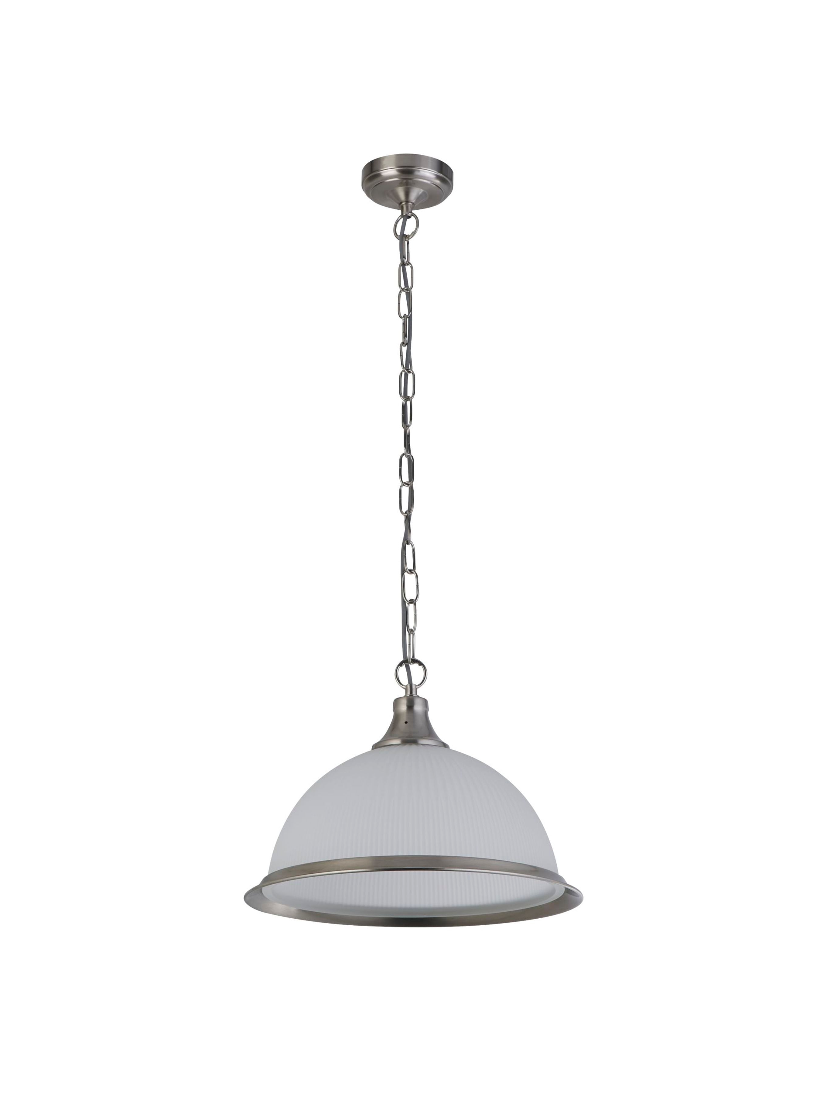 Searchlight American Diner pendant in satin silver, full studio view showing the chain and ceiling rose above the glass shade