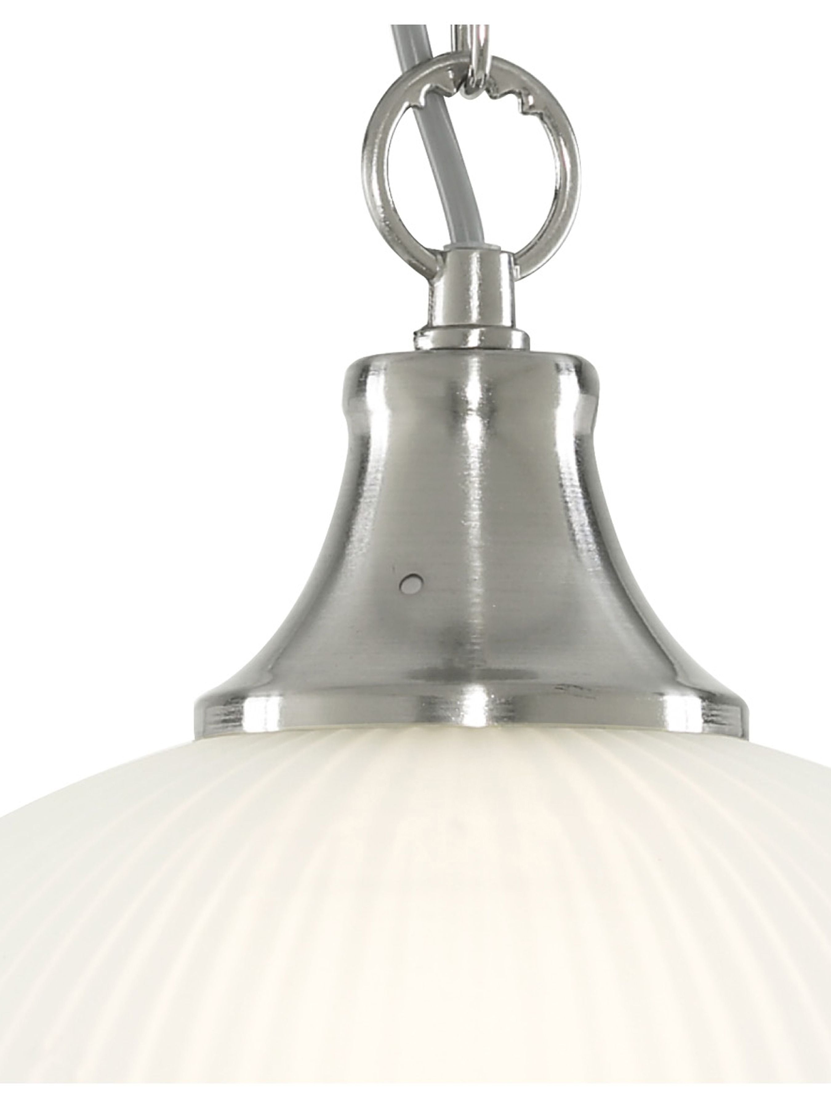 Close up of the American Diner pendant's satin silver gallery and fitter, where the metal trim meets the ribbed acid glass shade